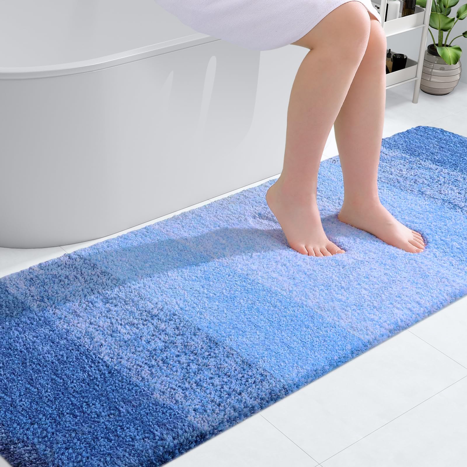 OLANLY Bathroom Runner Rug 70x24, Extra Soft Absorbent Microfiber Bath Rugs | Light Royal Blue, Non-Slip Quick-Drying Rubber Backing, Washable Long Bath Mat for Floor, Tub and Shower, Home Decor