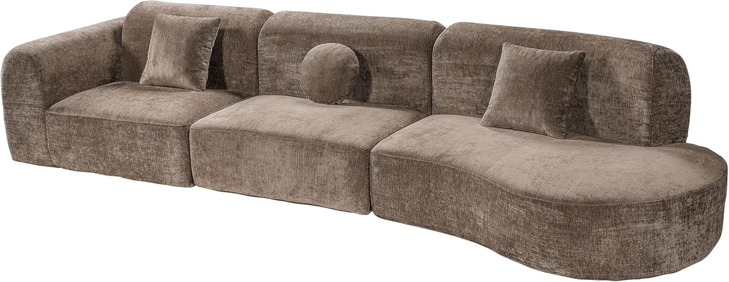 Merax 3-Piece 140" L-Shaped Modular Curved Sectional Sofa Set, 4 Seat Modern Cloud Couch with Chaise Lounge & 3 Pillows, Fully Assembled with High-Density Compressed Sponge & Chaise Lounge, Brown
