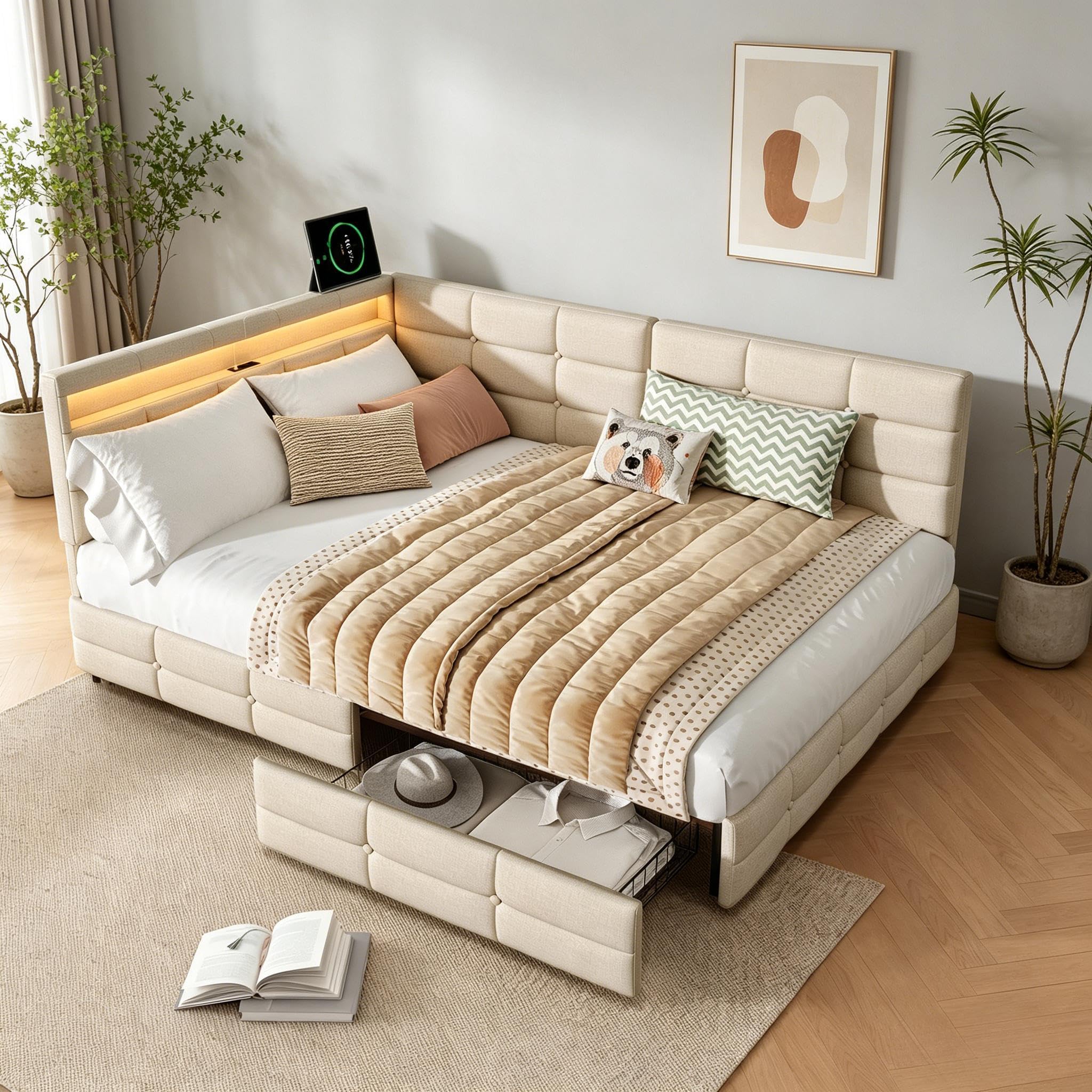 PerGar Polsterbett 140x200cm L-Form mit LED & USB Lader, Eckbett mit 2 Schubladen & Stauraum, Tagesbett aus Leinenstoff, Wechselbare Seite (Links/Rechts), für Jugendzimmer & Gästezimmer, Beige