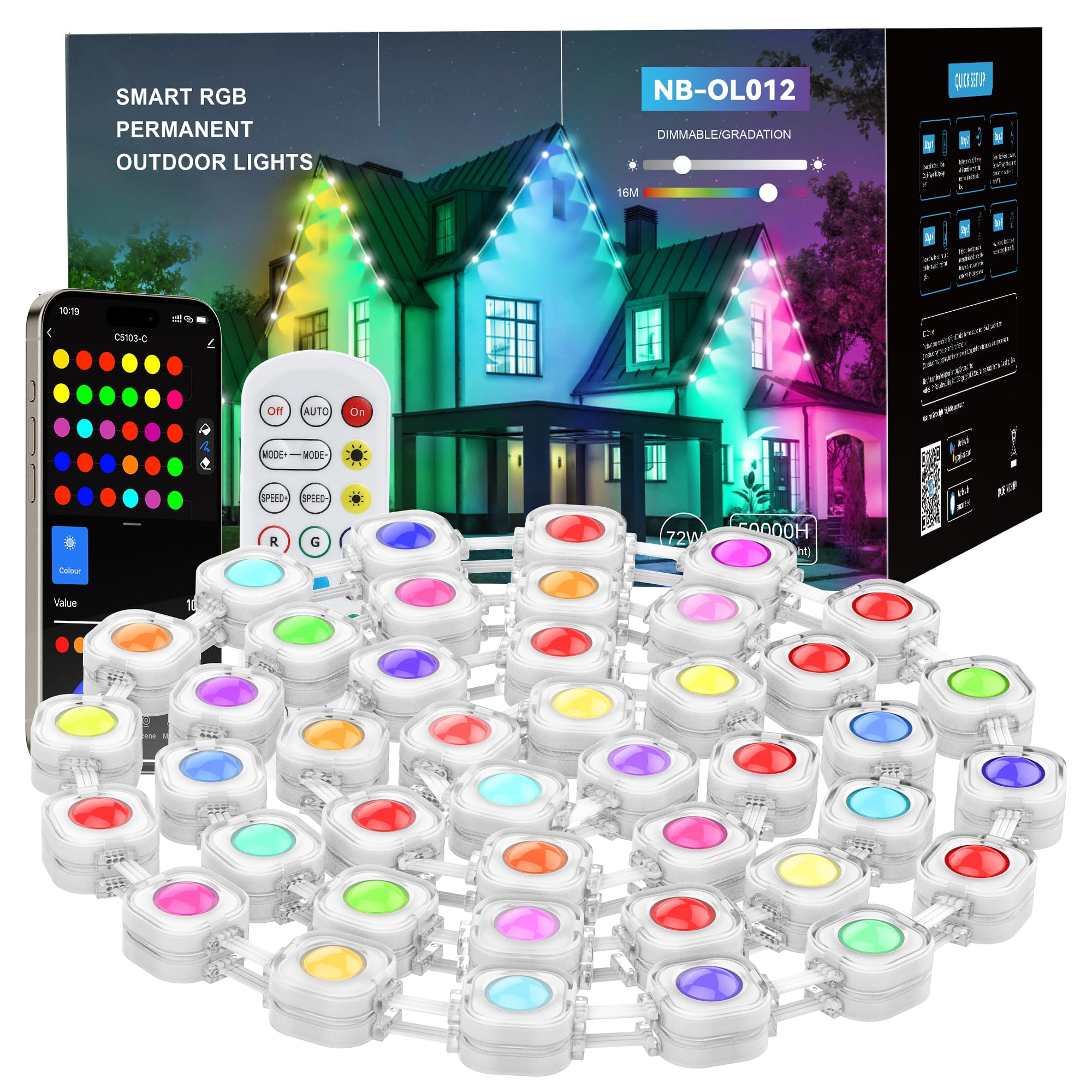 Luci permanenti per esterni, 15,2 m, Smart RGB, 36 luci a LED con 54 modalità scena, impermeabile IP67, per Halloween, Natale, Capodanno, vacanze, illuminazione quotidiana, telecomando vocale APP