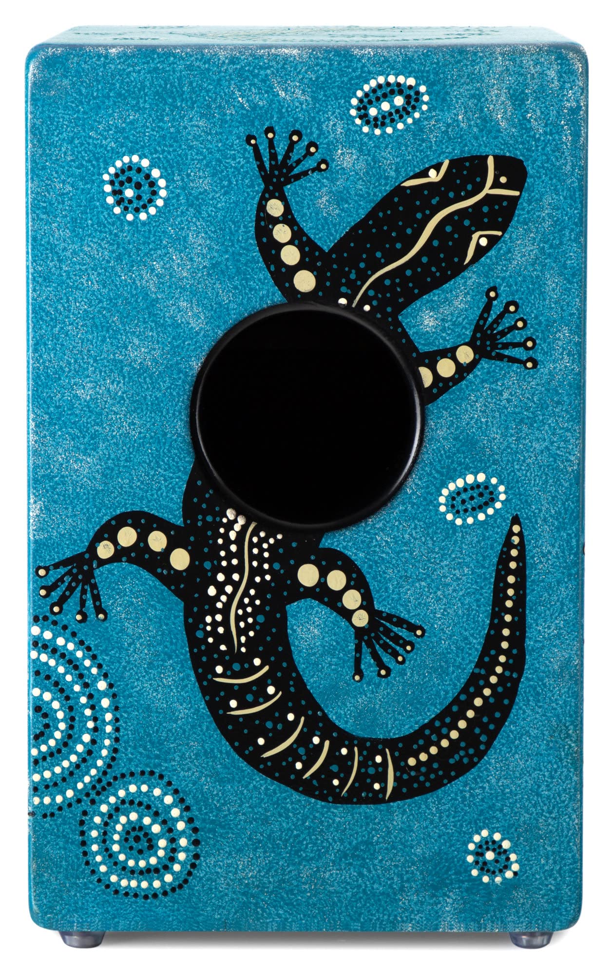 XDrum Design Series Cajon “Gecko” - Handbemalte Designer-Cajon mit Dot Art-Geckos - Integrierter Bass Port - Korpus aus HPL (High Pressure Laminate) - Fest installierter Snare-Teppich