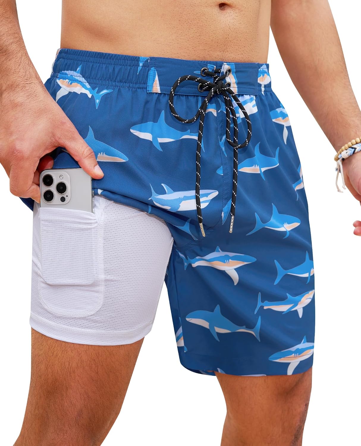 Gleeease 7inch Mens Swim Trunks: 2 in 1 Compression Stretchy Quick Dry Comfort Soft Drawstring Zipper Pockets Beach Pool