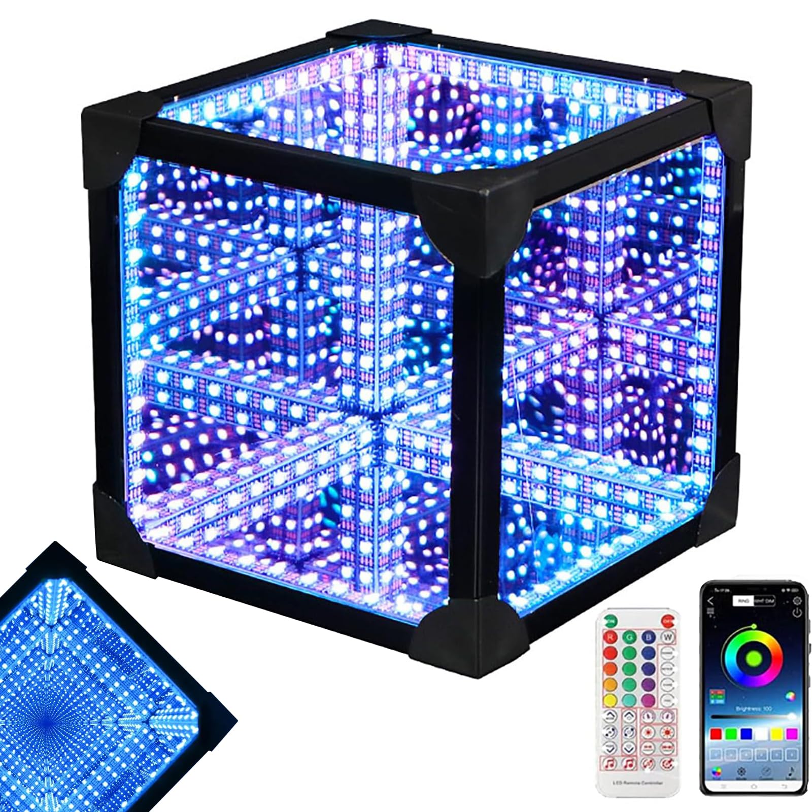 Infinity Mirror Tunnel Light, RGB Cosmic Cube lampa z 200 dynamicznymi trybami i 50 trybami muzyki, artystyczna lampka nocna LED – Hyperspace Sensory Lighting (20 x 20 x 20 cm)