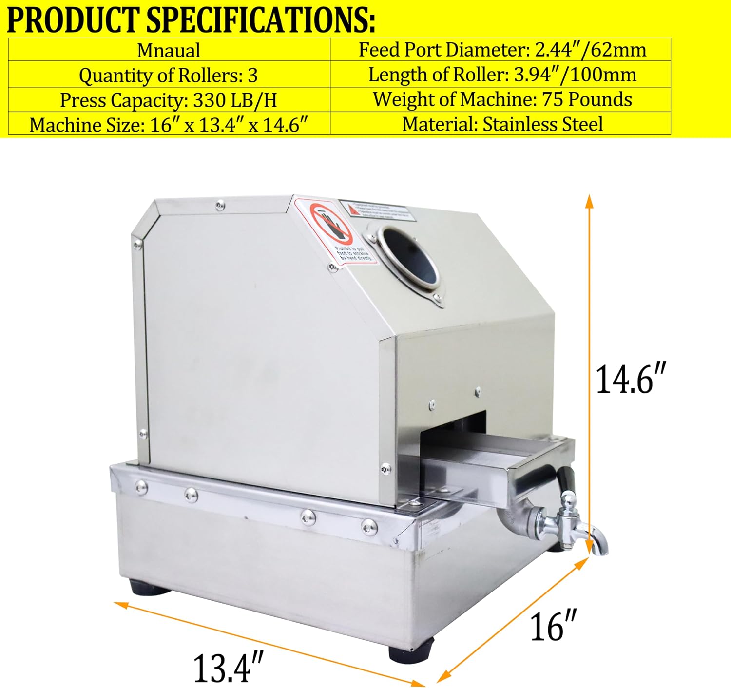 Commercial Manual Sugarcane Juice Extractor - 330LBS/H High Output, Stainless Steel Sugar Cane Juicer Machine with 3 Rollers and 2.4" Inlet, for Home/Commercial Use