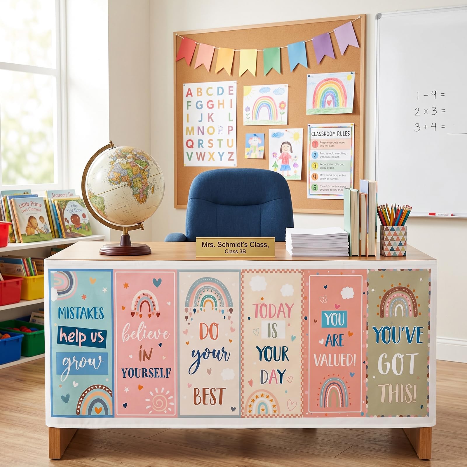 Hahafelt Boho Rainbow Table Skirt 9 ft Teacher Desk Classroom Decorations Rectang Ltable Cover Skirt for Back to School Party Supplies Kindergarten Preschool Office Bookcase Cabinet Shelf