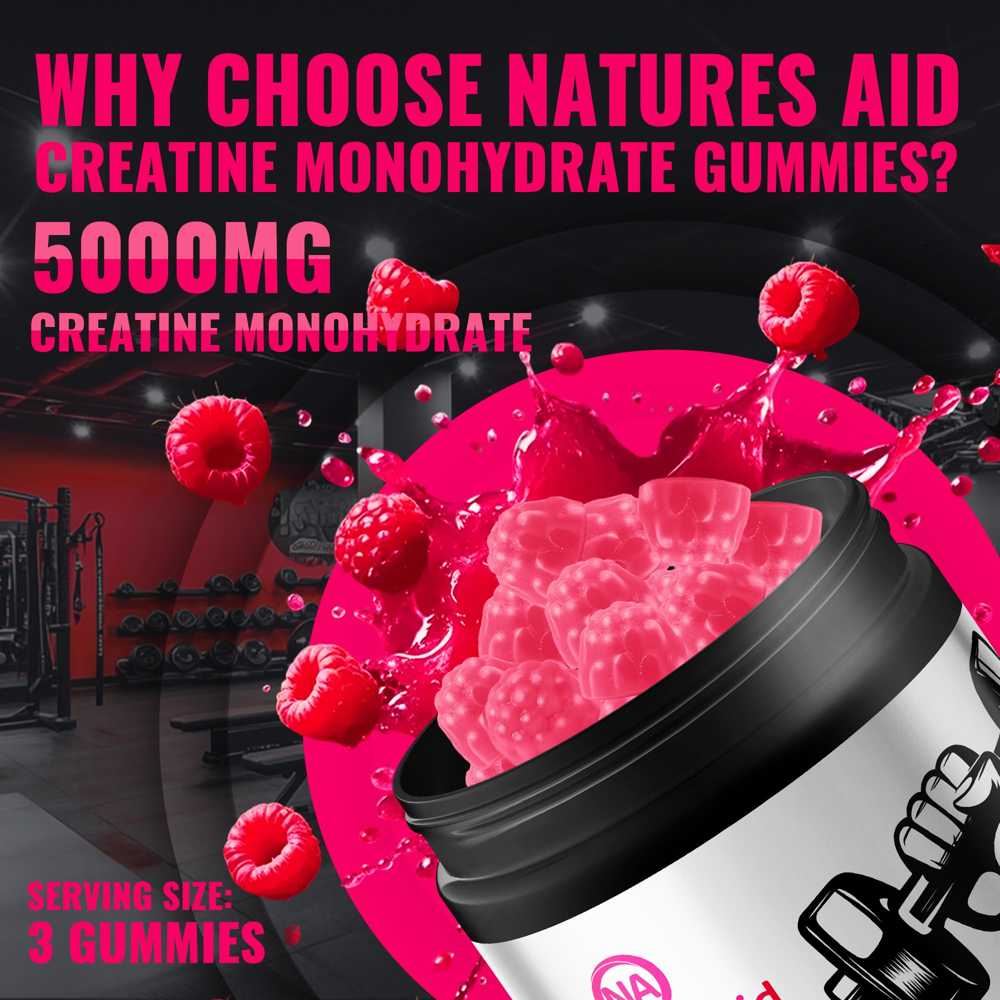 Natures Aid NSF Certified Creatine Gummy 5g - Creatine Monohydrate Gummies – Pre-Workout Energy & Muscle Growth Support for Men & Women | Raspberry Electrolyte Gummies (135 Count) — Amazon image 5