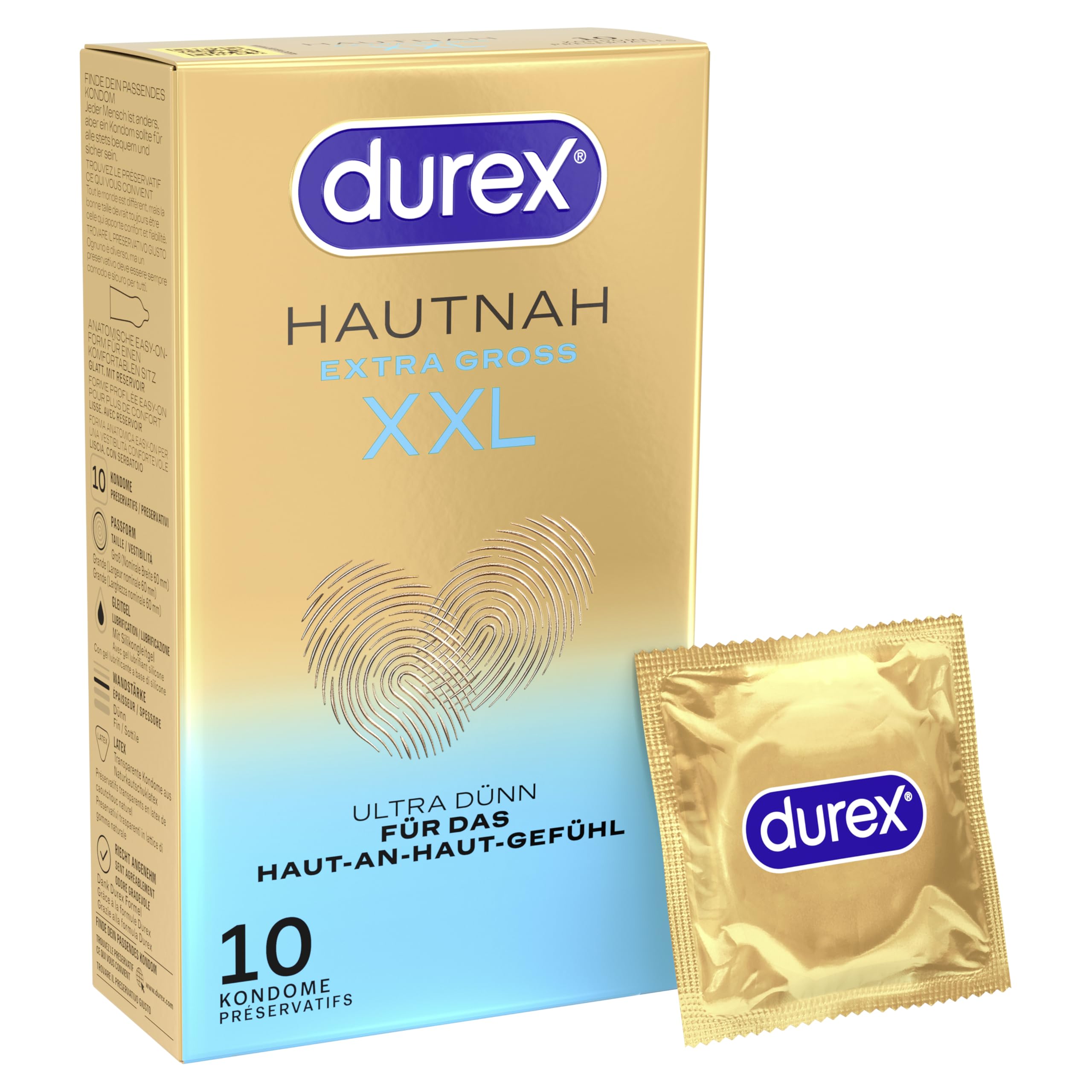 Durex Hautnah XXL Kondome – Ultra dünn, mit großer anatomischer Easy-On-Form & mit Silikongleitgel befeuchtet – 10er Pack