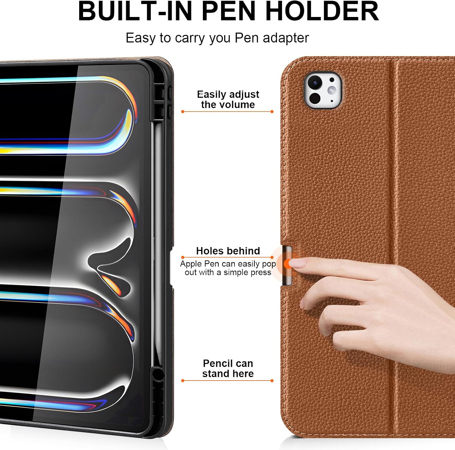 for iPad Pro 13 inch Case (M4/M5) 2024/2025, Leather Business Folio Stand Cover with Pencil Holder, Auto Wake/Sleep and Multiple Viewing Angles, Brown