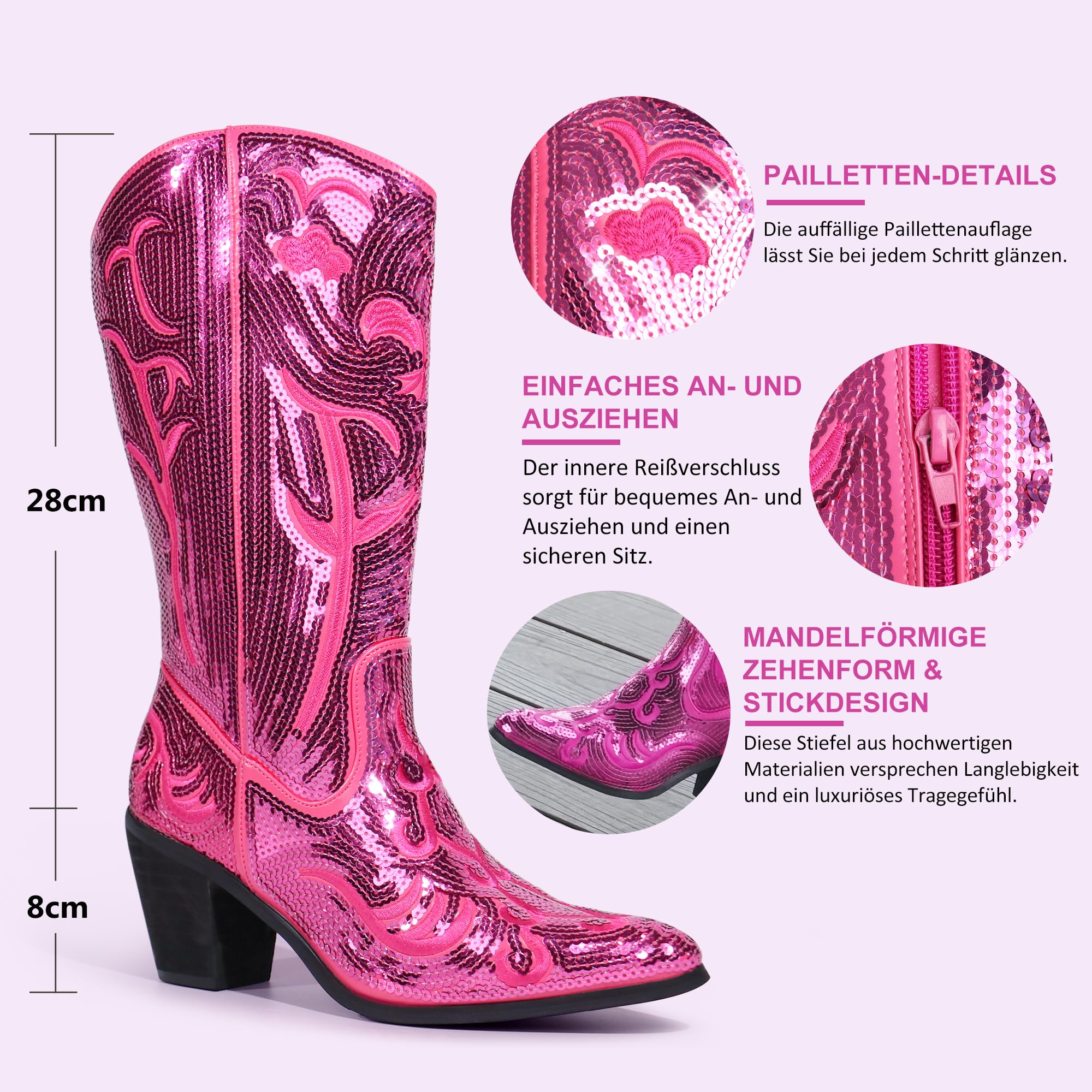 Hawkwell Stivali da cowboy da donna con paillettes, lunghezza al polpaccio, alla moda, con cerniera, punta a punta, ricamati