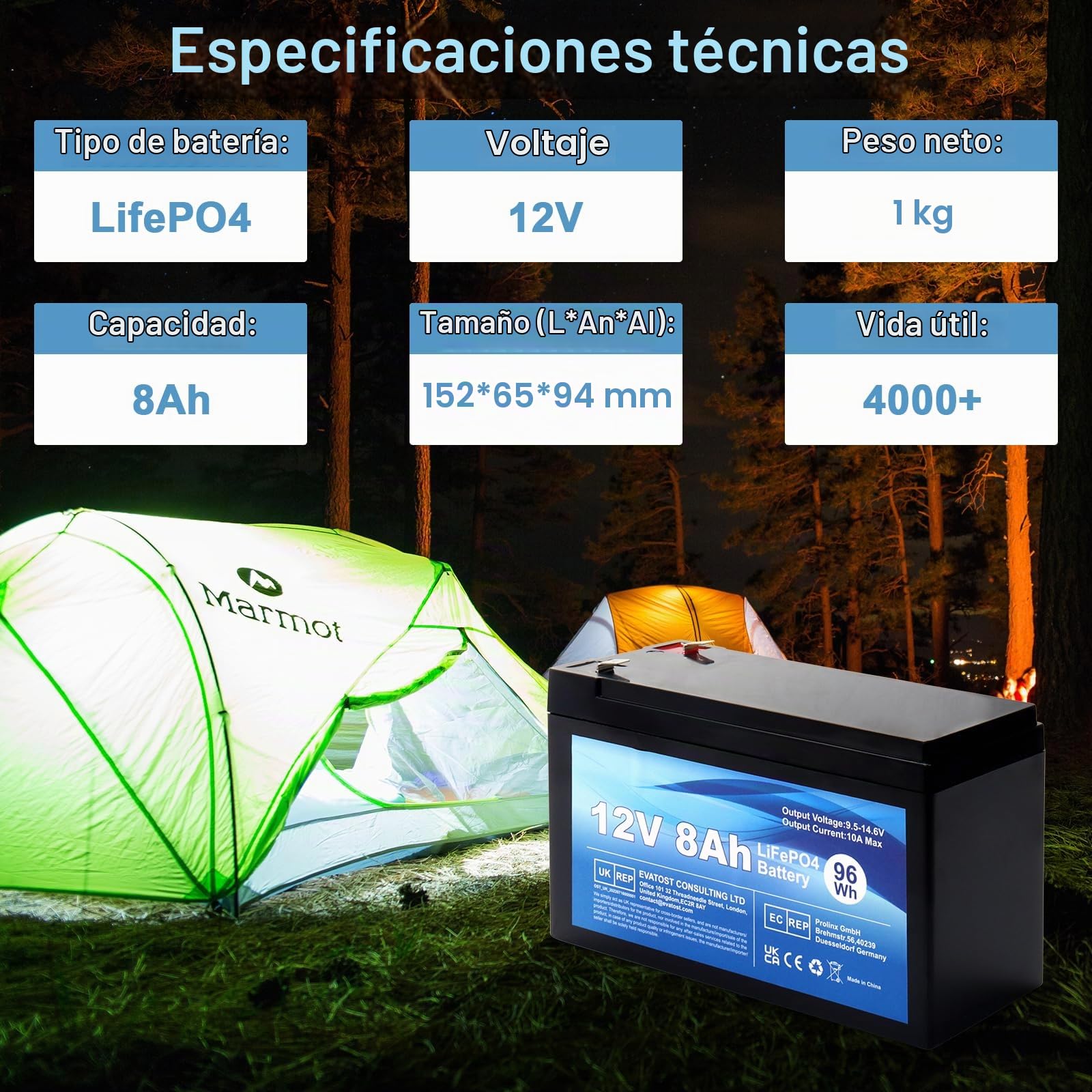 12V 8Ah 96Wh LiFePO4 Batería de Litio Recargable, Ciclo Profundo 2000 Veces con protección BMS, batería LiFePO4 para Botes de Motor, Camping, Scooters, UPS, turbina eólica, Solar, inversores