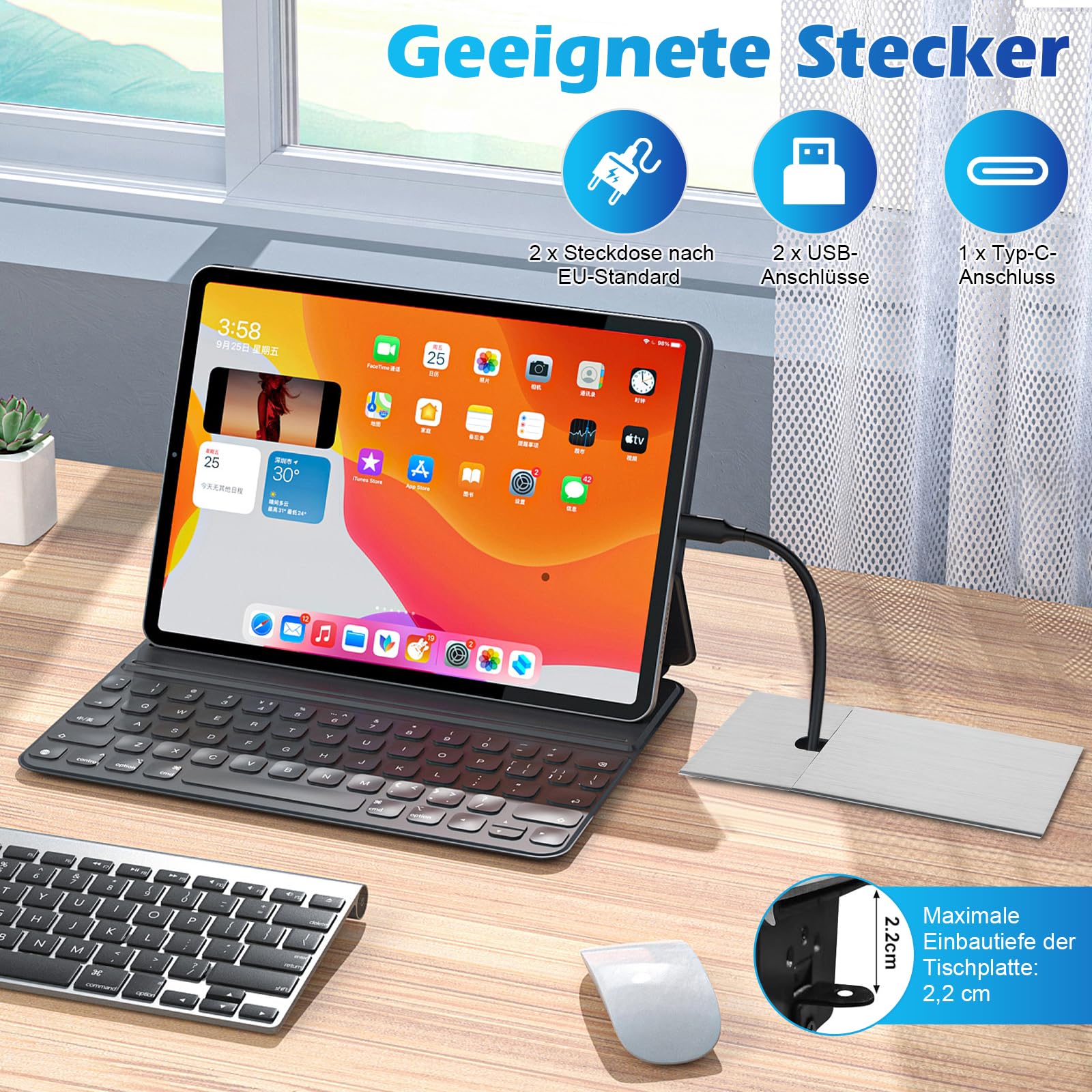 Ciabatta elettrica da incasso con coperchio scorrevole in metallo, presa a scomparsa 3 scomparti con 2 USB A e USB C, presa da tavolo a scomparsa per scrivania, cucina, ufficio (argento, 2)