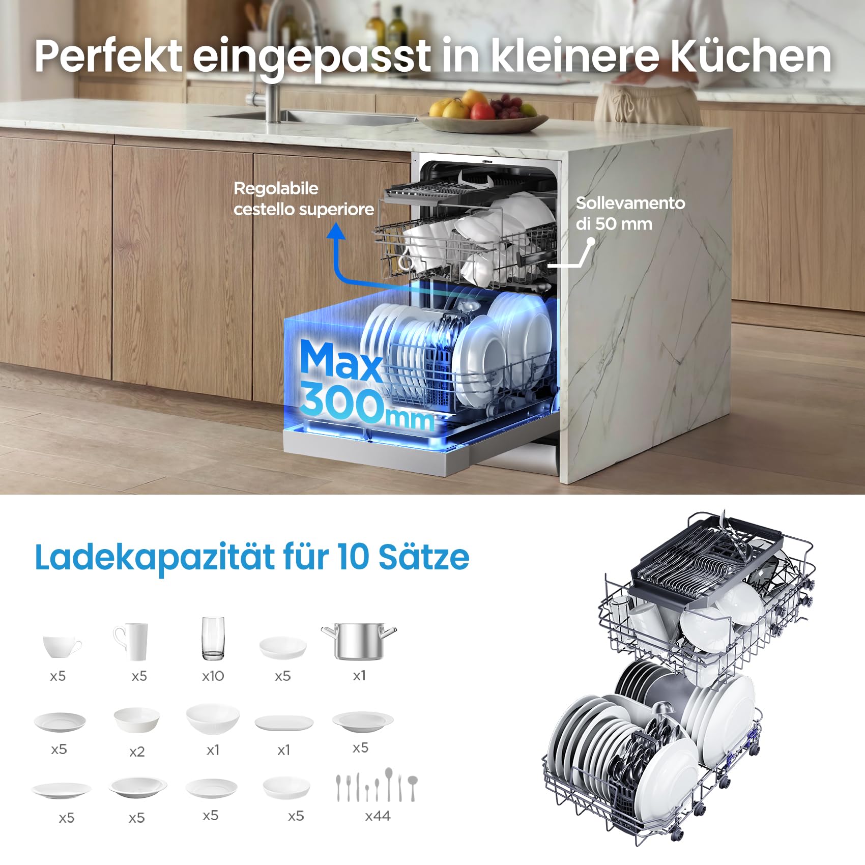 Midea SF 5.45NW10C Lavavajillas 45 cm Independiente y Bajo Encimera, 10 Servicios, 7 Programas, Lavavajillas 45 cm con WiFi, 44 db, Retraso de Inicio, Apertura de Puerta Automática