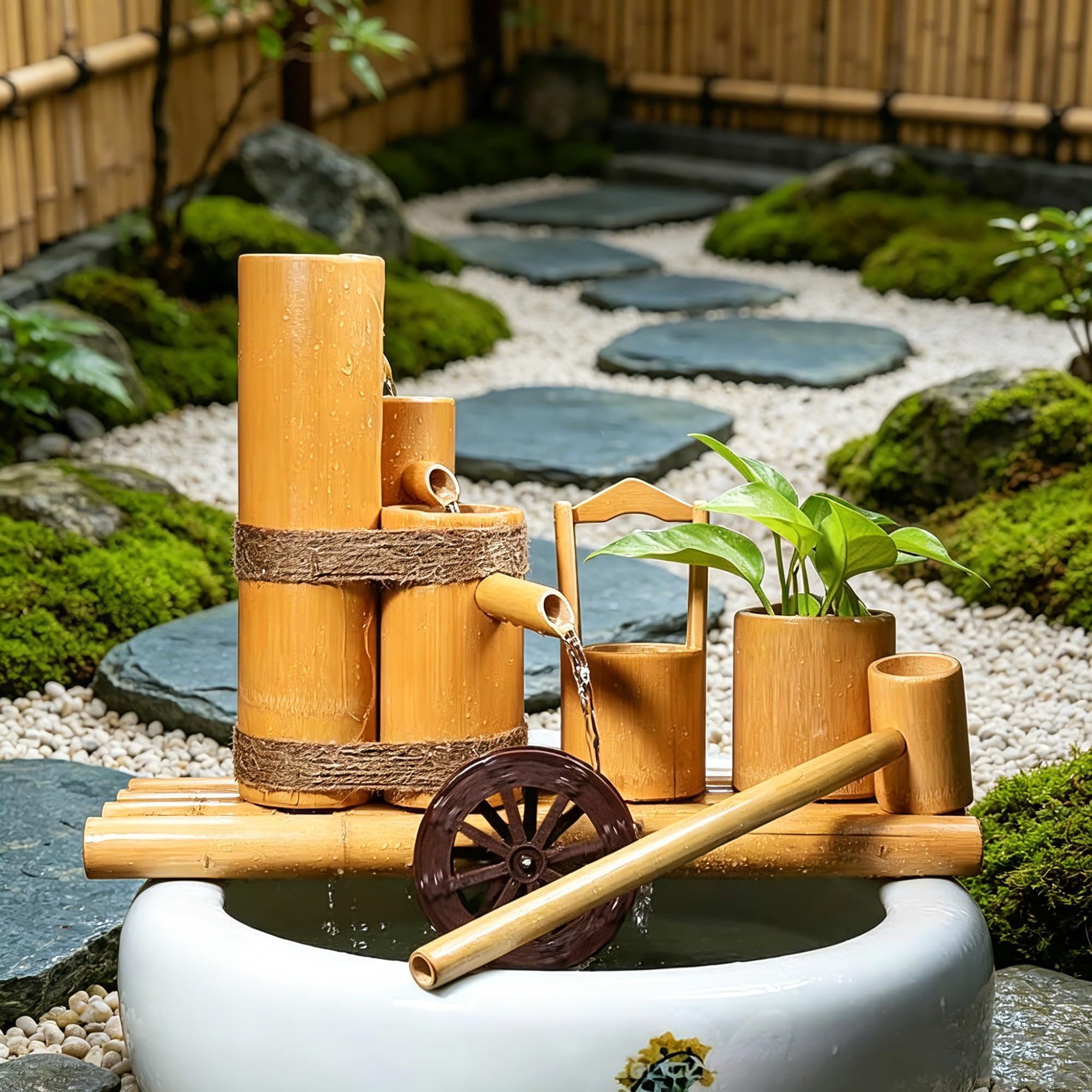 Japanese Style Bamboo Water Fountain with Hand Crank Pump, Zen Garden Circulating Water Feature, Natural Bamboo Landscape Decor for Outdoor Yard and Garden(40cm)