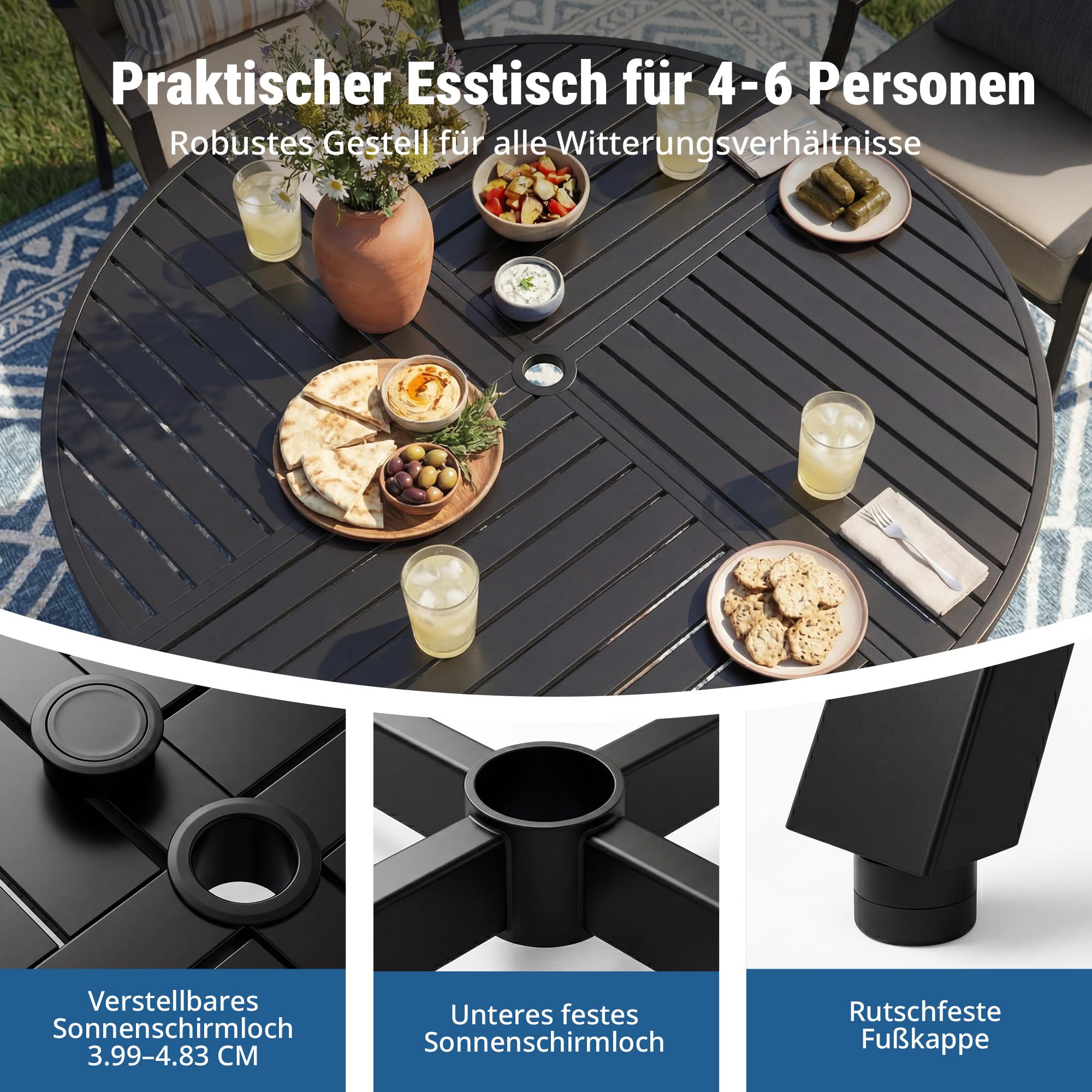 Hawthyhome Gartentisch Runder mit Zylindrischem Schirmloch,Durchmesser 137 cm,Gartentisch Wetterfest Outdoor, Esstisch für 4-6 Personen,Partytisch Balkontisch, Metallrahmen, Schwarz