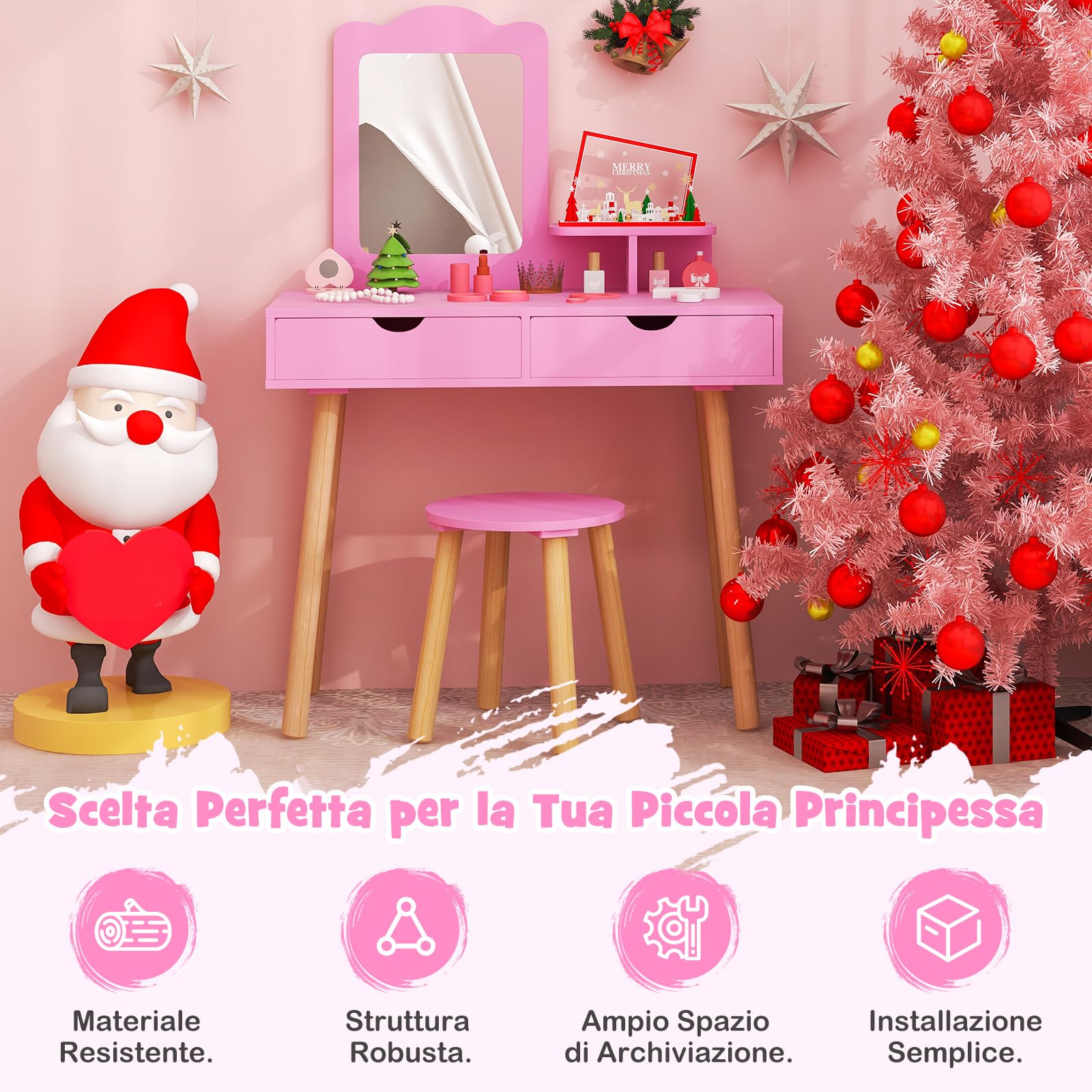 COSTWAY 2 in 1 Set Toeletta per Bambini, Postazione Trucco in Legno con Sgabello, Specchio Rettangolare Staccabile e 2 Cassetti Capienti, Ideale per Bambini dai 3 ai 7 Anni (Rosa Scuro)