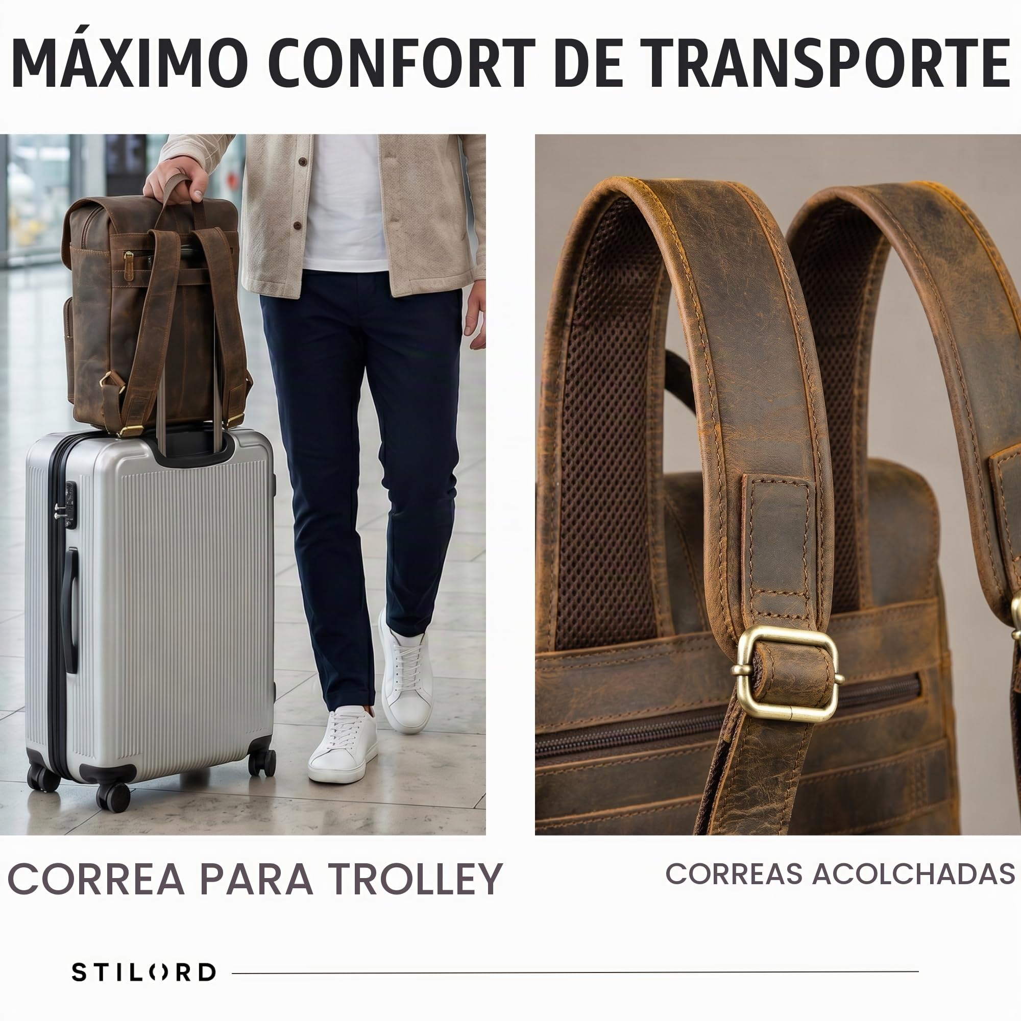 STILORD Sangro Mochila Cuero Hombre - Mochilas Portátil 15,6-16'' con 2 Compartimentos - Backpack Trabajo Piel Auténtica con Solapa Y Sujeción Trolley Color:Colorado - marrón