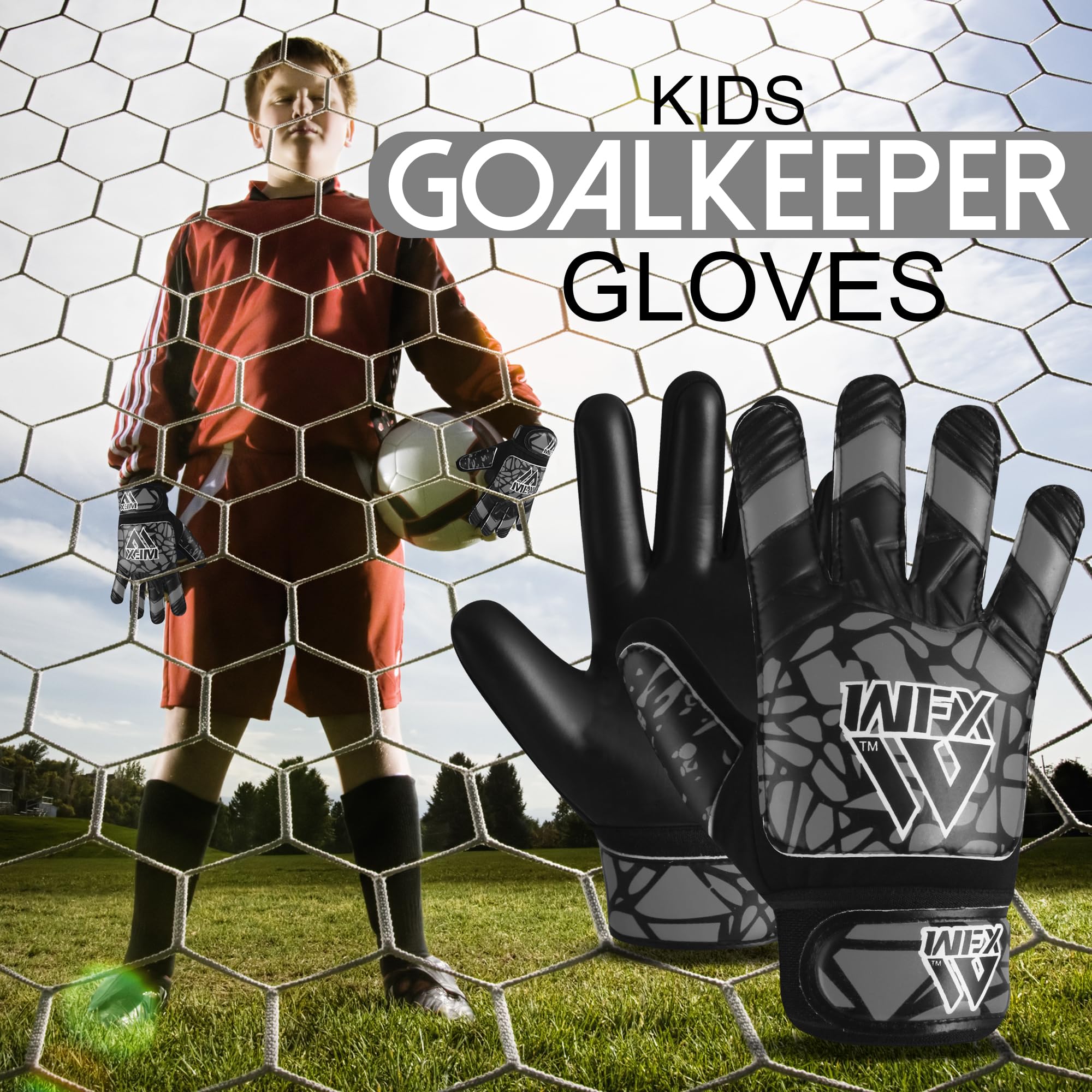 WFX Goalkeeper Gloves for Kids Children Boys Youth Soccer Goalie Gloves with Double Wrist Support football Goalkeeping Gloves Grip Palm Protection (Grey - Image 2