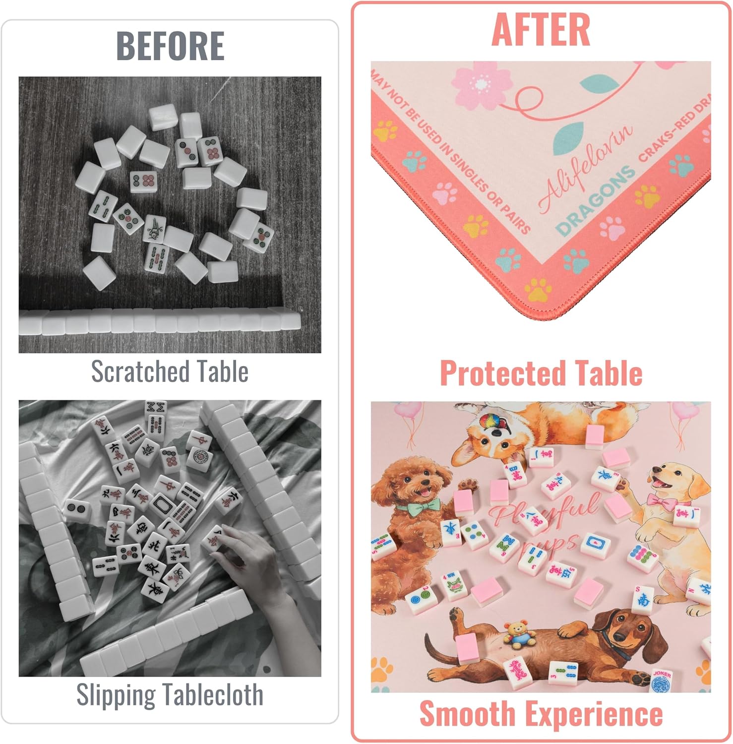 Mahjong Mat - American Mah jongg Mat for Table 32x32 Inch Non-Slip Noise Reduction Mahjong Mat with Rules, Portable Gaming Mat for Poker, Tiles & Dominoes (Playful Pups)