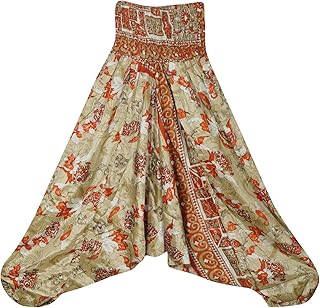 Boho Harem Yoga Pants, Orange, Beige Floral High Waist Genie Pant S/M/L