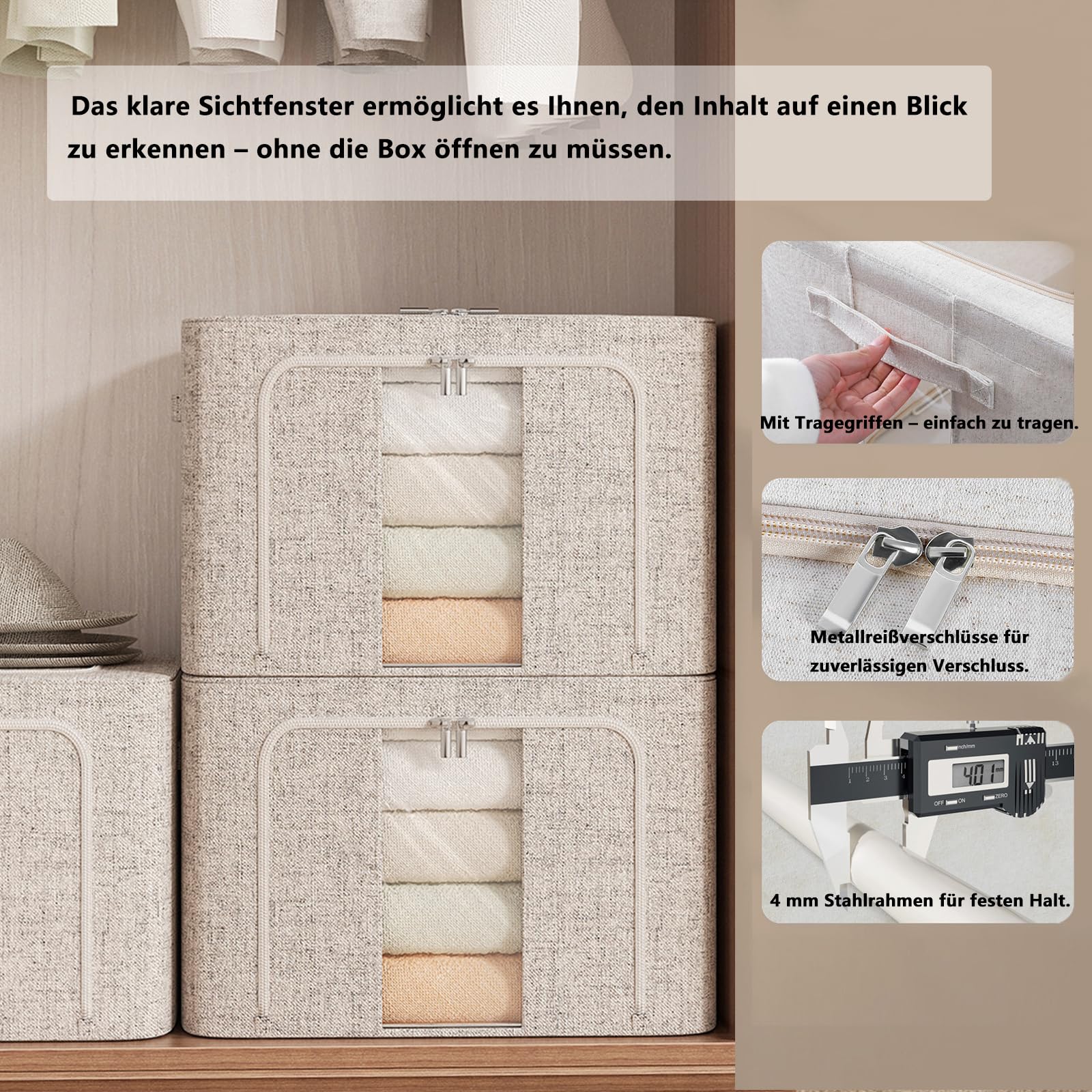Aufbewahrungsboxen Kleidung 66L, Faltbar Mit Metallrahmen, Deckel, Sichtfenster, Stapelbar Für Kleiderschrank Und Schlafzimmer (4, Grau)