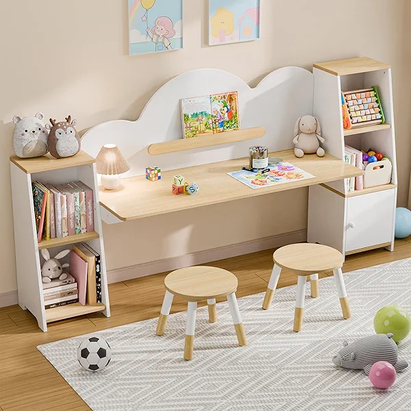 Xilingol Kids Study Desk with Bookshelves and 2 Stools, Kids Desk and Chair Set with 5 Storage Cabinets, Wooden Children Writing Table, Student Study Table for Ages 3-8, Bedroom, Boys, Girls