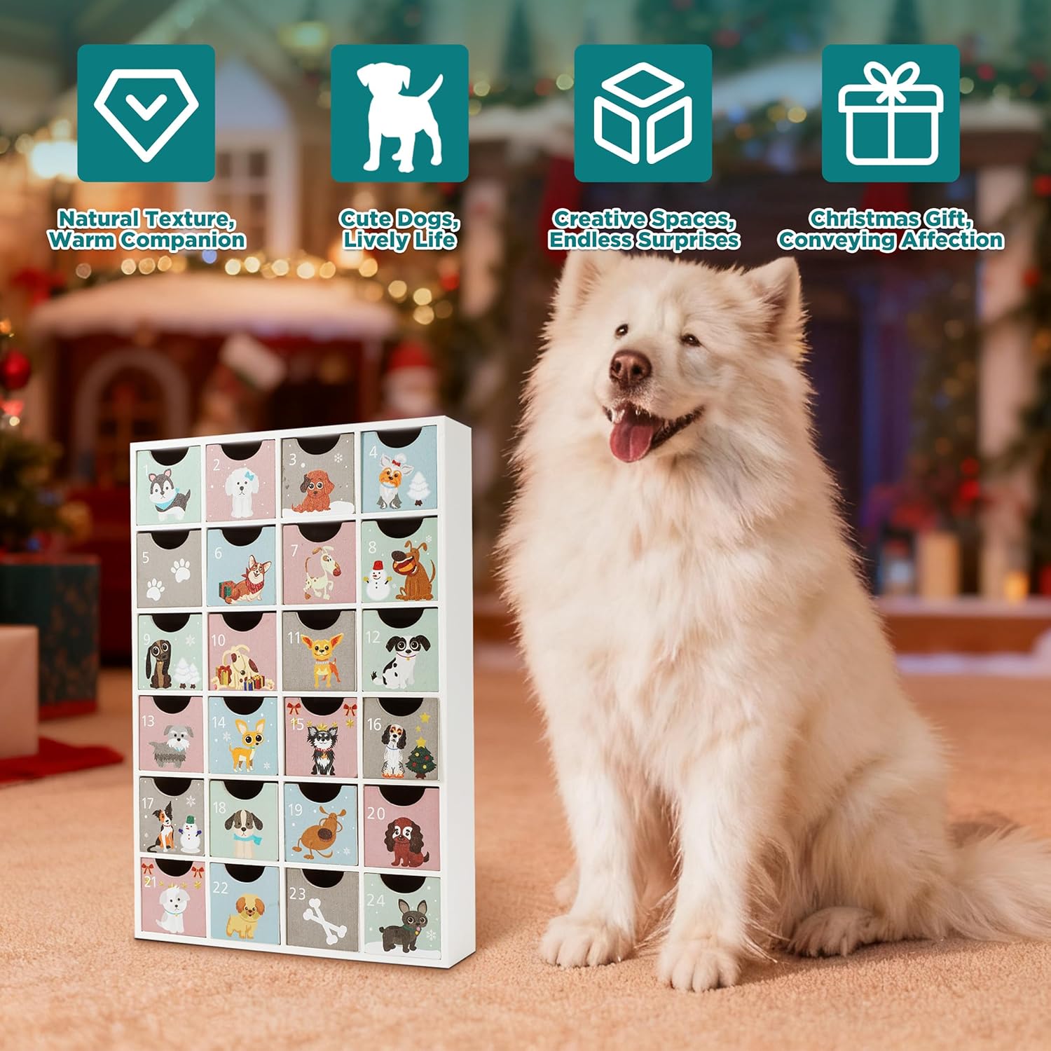 SUNGIFT Wood Advent Calendar with Drawers - Wooden Reusable Advent Calendar with Puppy Designs, Refillable Christmas Countdown Boxes 2025