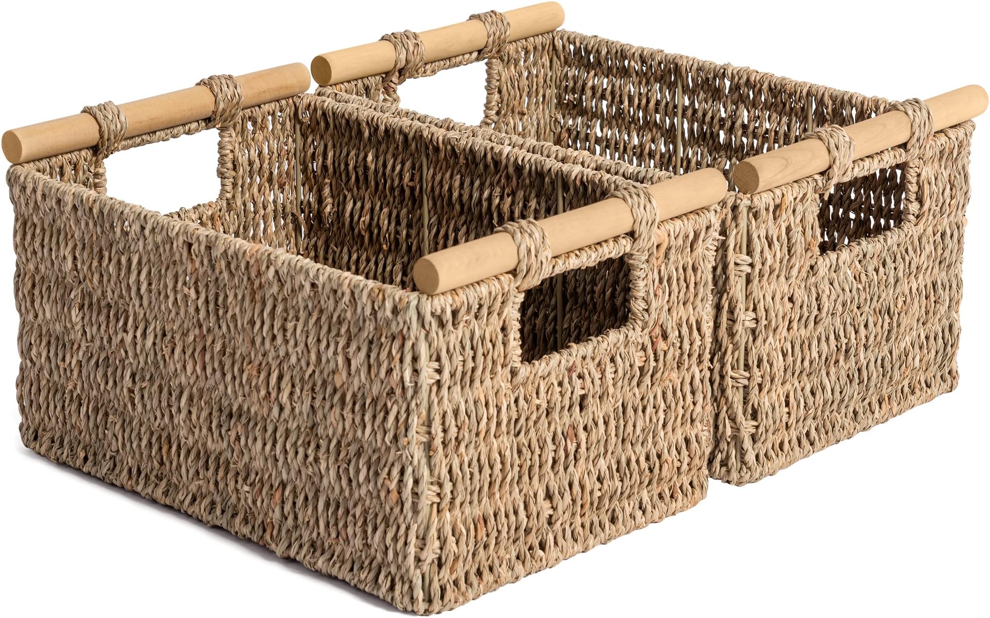 Hand-Woven Storage Baskets with Handles, Decorative Seagrass Baskets for Paper Towel Organizing, 12.6"L x 7.9"W x 7.1"H, 2-Pack Natural