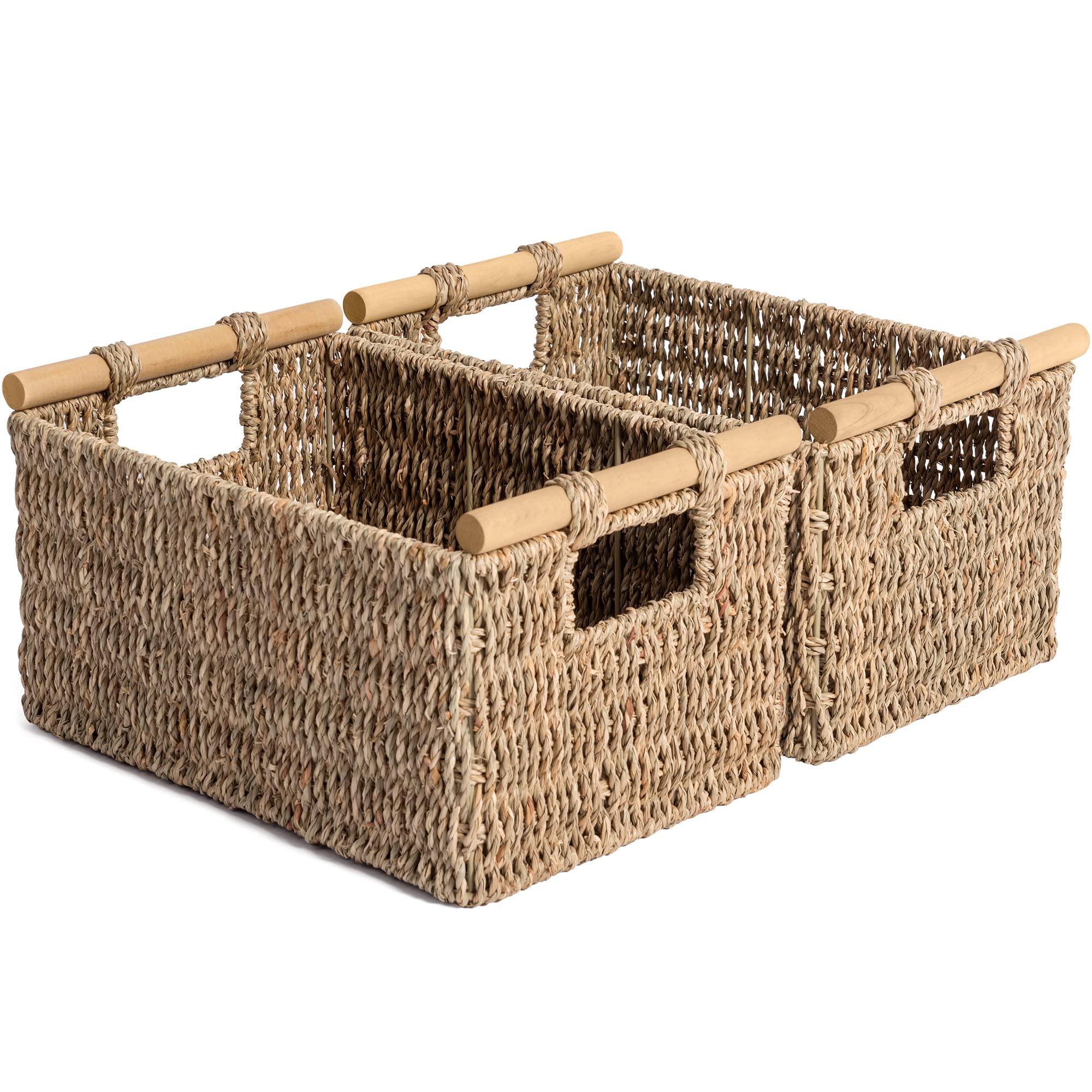 Hand-Woven Storage Baskets with Handles, Decorative Seagrass Baskets for Paper Towel Organizing, 12.6"L x 7.9"W x 7.1"H, 2-Pack Natural