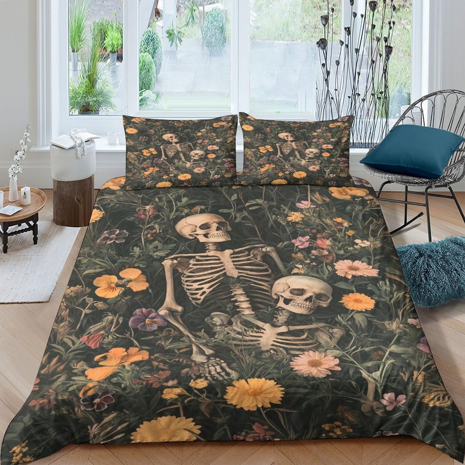 XFKLYNVCJ 3D Printed skeletons in flowers Bedding Cover Brushed Microfiber botanical gothic Comforter Cover Soft Durable Machine Washable for Student Dorm Uni Accommodation Use Super king（260x220cm）