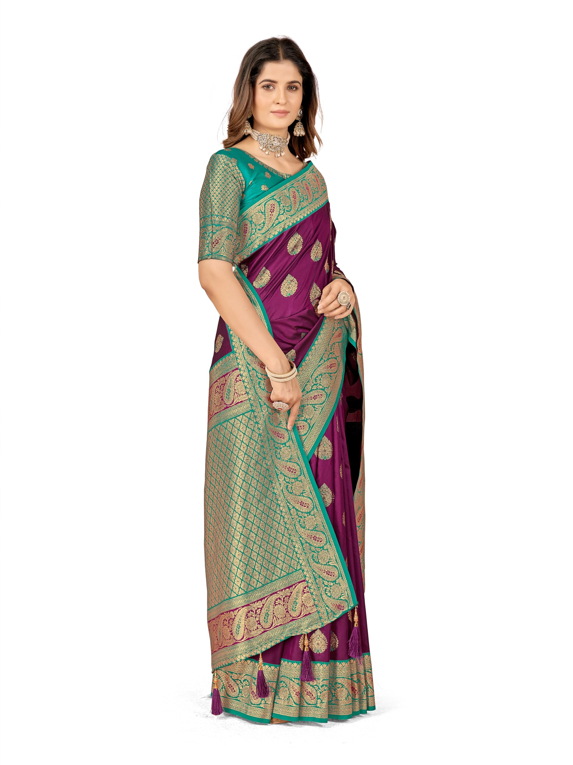 Mehrang Cotton Banarasi Silk Saree for Women With Unstitched Blouse Piece (Purple and Green) (B0D2GBPJP8) Amazon Price History, Amazon Price Tracker