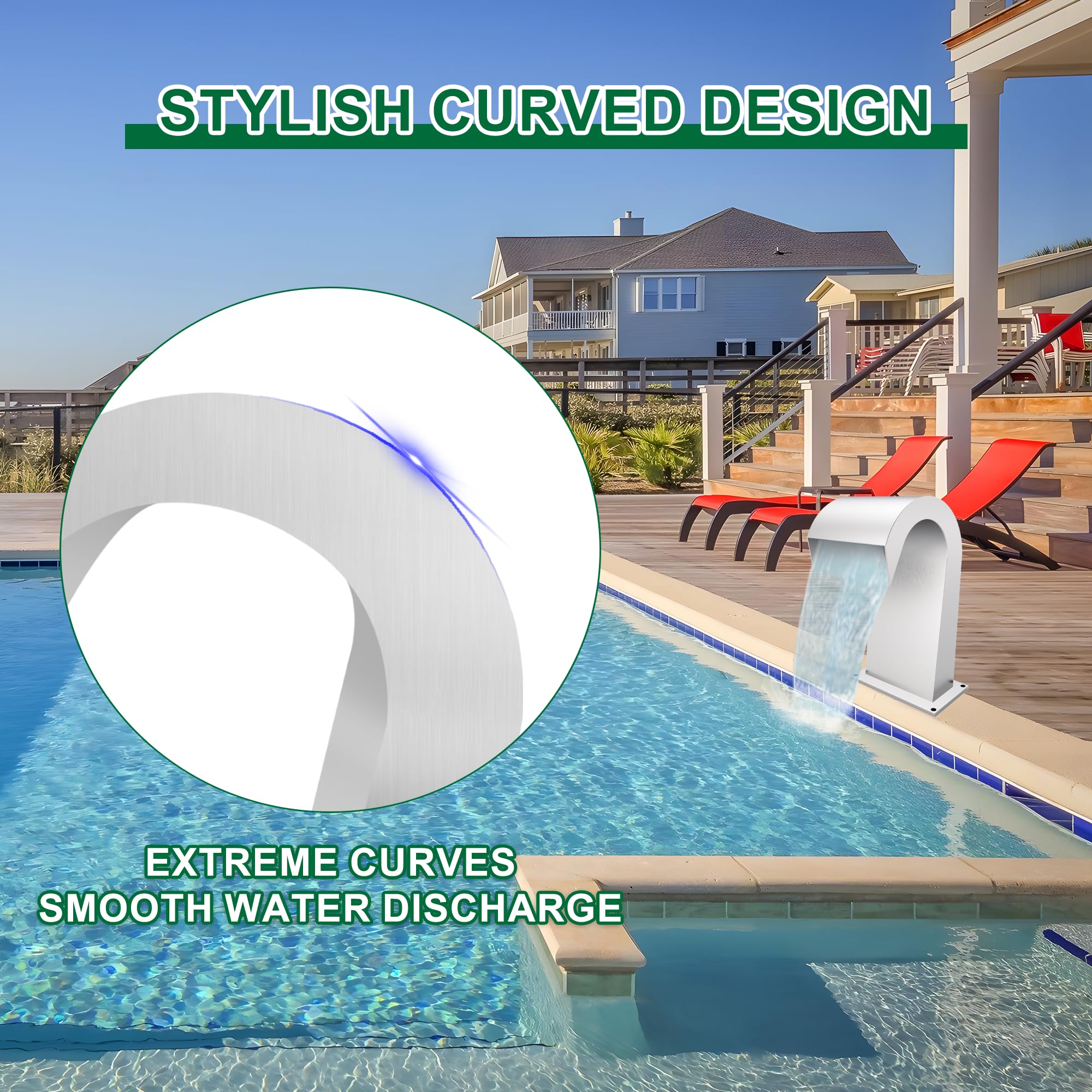 Fuente de Piscina de Acero Inoxidable Curvada con Accesorios, cascadas de Estanque en Forma de S, Kit de Fuente de Agua al Aire Libre para jardín, Patio, Piscina, decoración de Piscina