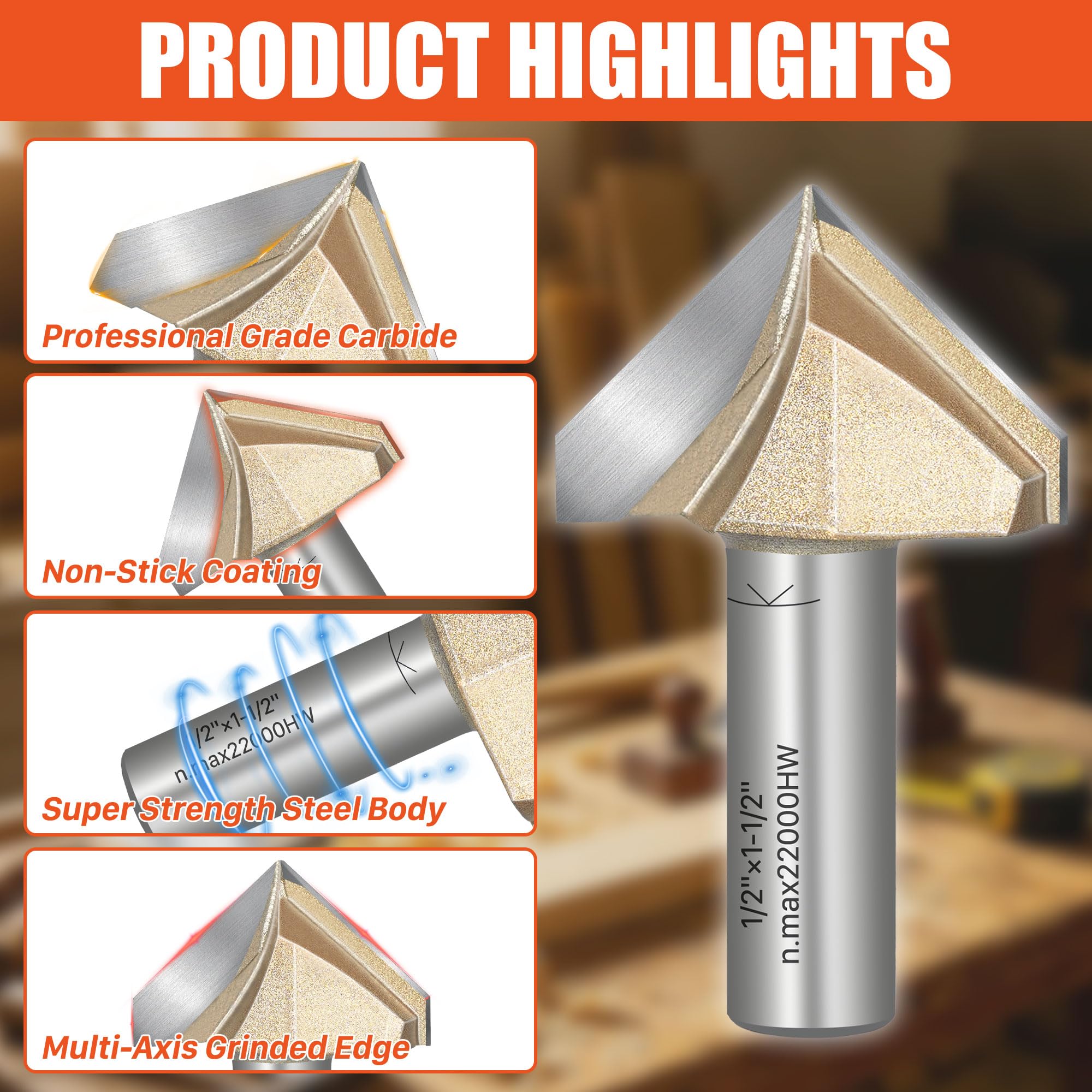 EASEWORK TOOL Punta per fresa a V a 90°, punta in carburo di grado professionale, scanalatura per lavorazione del legno, codolo da 1/2" × diametro 2" × profondità di taglio 1-11/64"