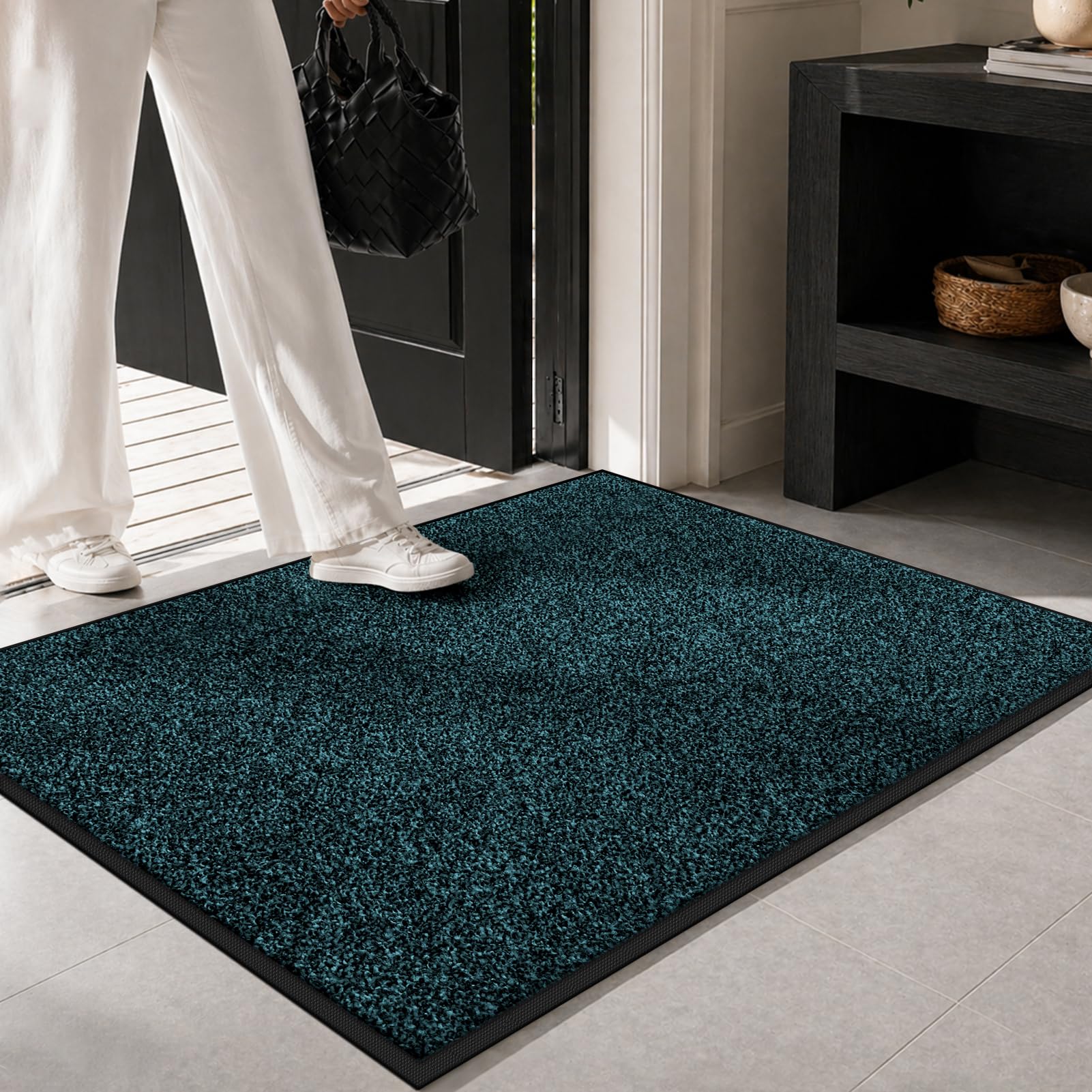 Mibao Zerbino di benvenuto, per interni ed esterni, antiscivolo, impermeabile, resistente, lavabile in lavatrice, a basso profilo, per porta sul retro, patio, veranda, 91 x 61 cm, blu