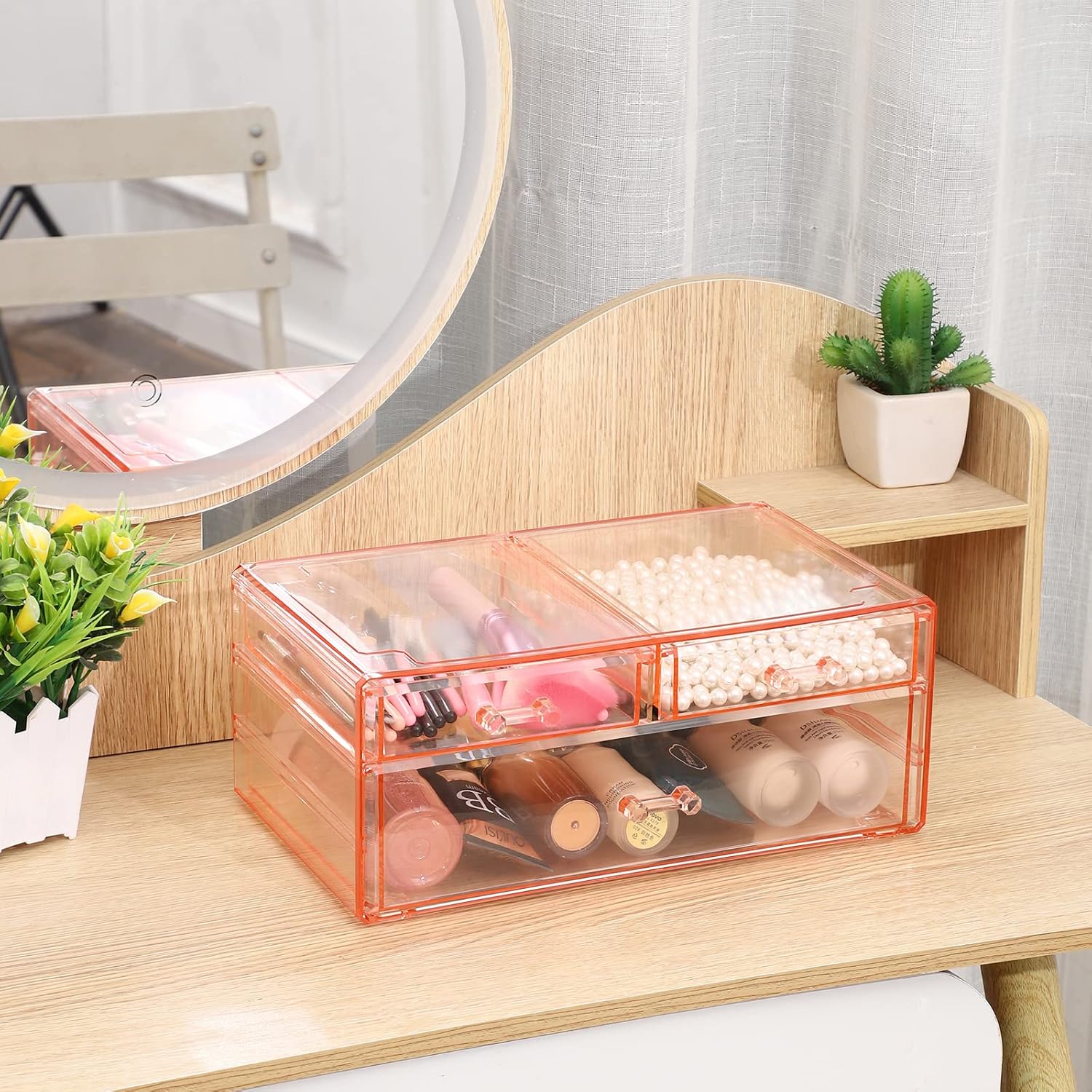 Cq acrylic PINK Containers for Organizing 3 Drawers Stackable Dresser Bathroom Organizers And Storage For Jewelry Hair Accessories Nail Polish Lipstick Make up Marker Pen Medicine Organizing