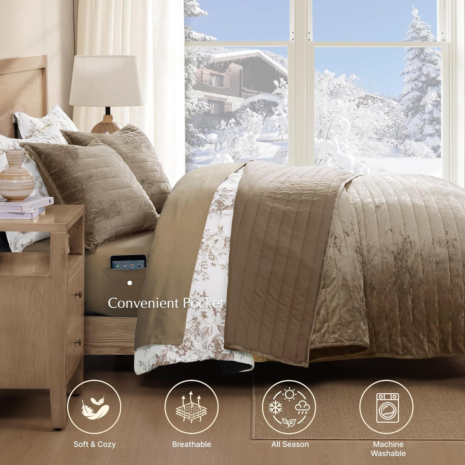 WRENSONGE Velvet Queen Quilt Set-3 Pieces Taupe Oatmeal Luxurious Velvet Striped Channel Comforter with 2 Shams, Soft Bedspread Coverlet Quilted Bedding Set for All Season - Image 3