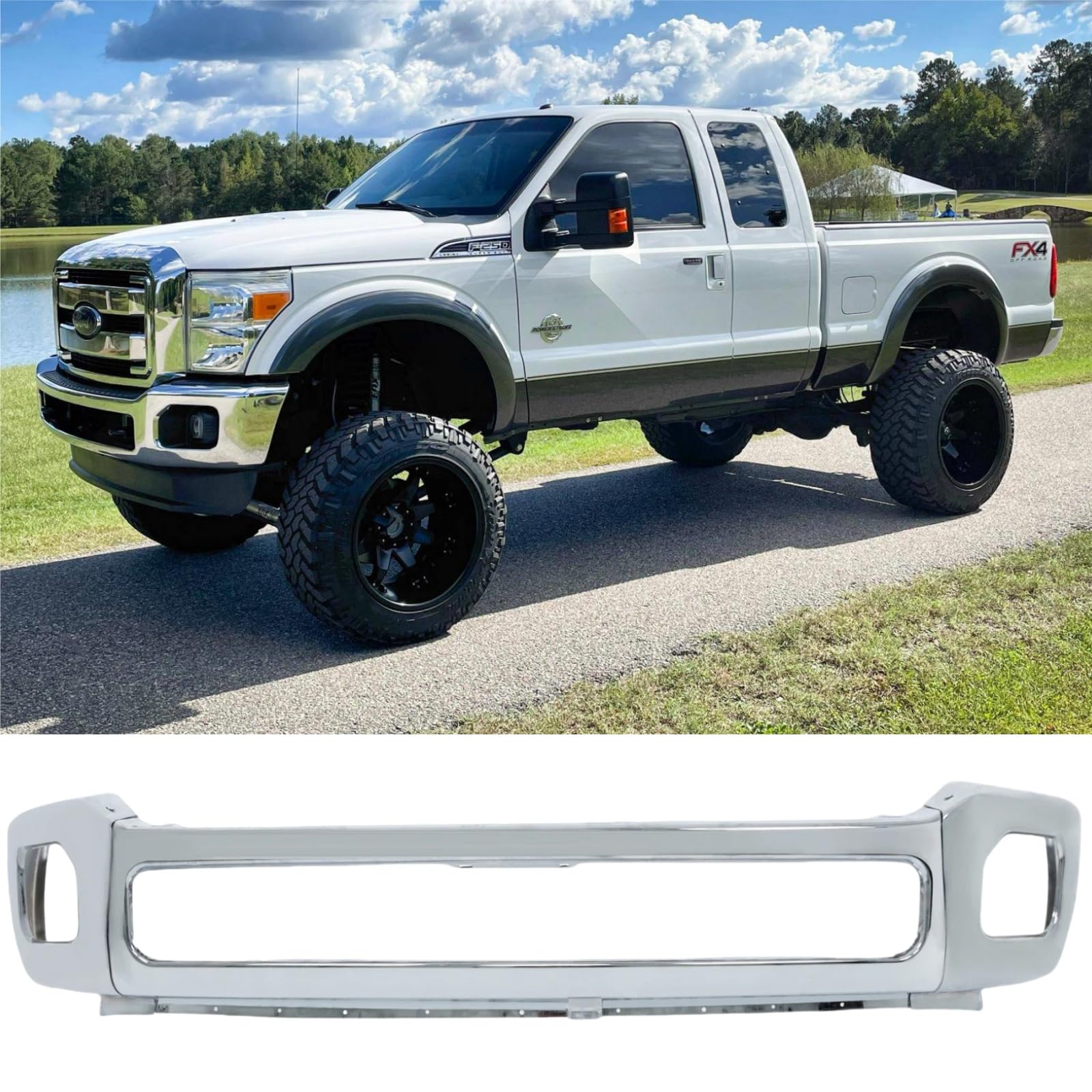 Front Bumper Compatible with 2011-2016 Ford F-250/F-350/F-450 Super Duty, Chrome Truck Automotive Steel Replacement Bumpers Face Bar with Fog Light Holes, without Sensor Holes (Style C)