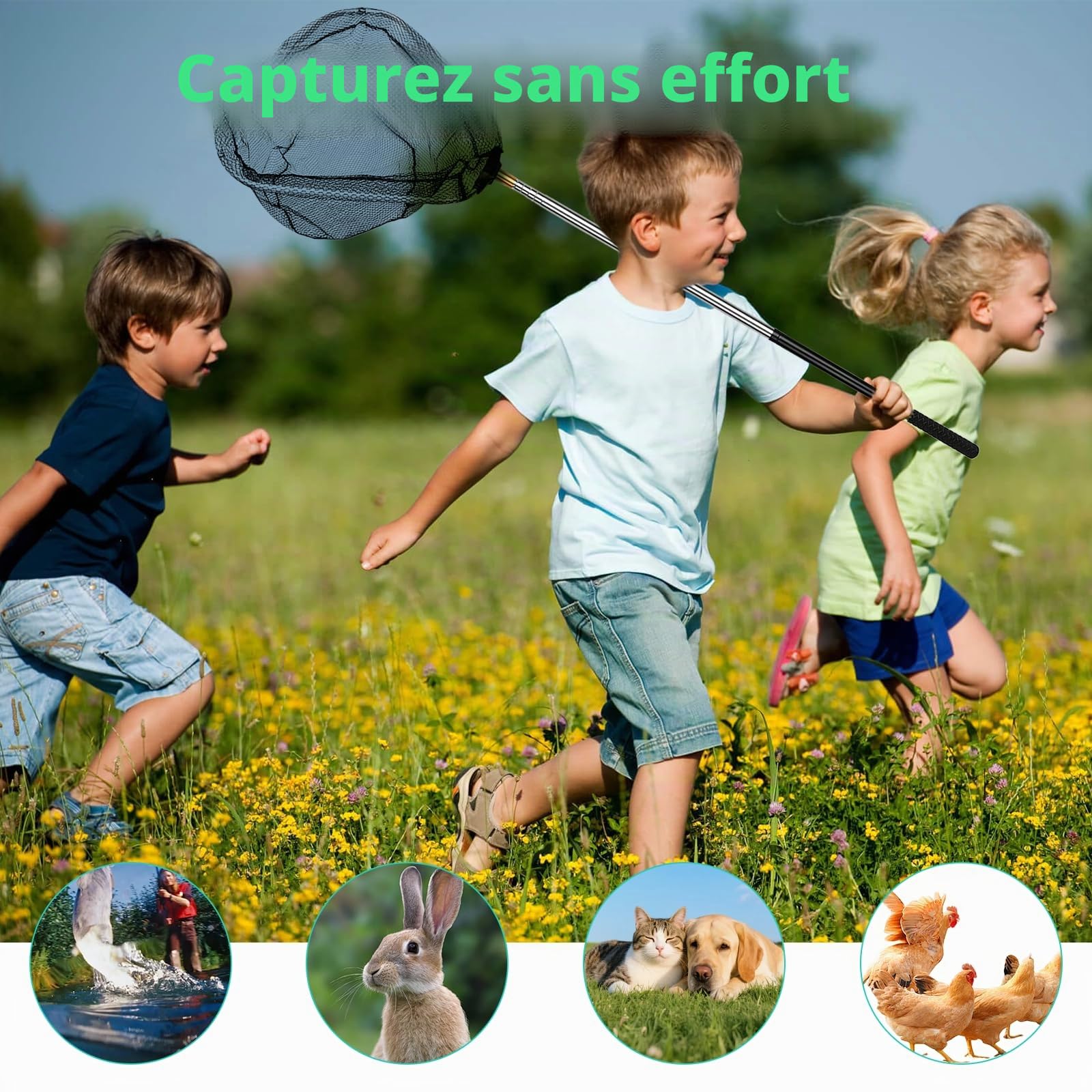 Filet de Pêche Rétractables pour Volailles Attrape-Poulet Rétractable Kit 2 en 1 avec Crochets et Filêt de Pêche pour Volailles Kit de Filet de Peche évolutif pour Volaille Oiseaux Poissons