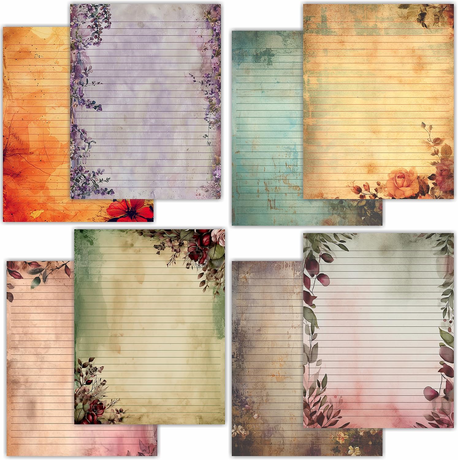 PARTH IMPEX 56 Sheets Vintage Lined Writing Paper 8.5x11 - Letter Size Ruled Stationery Rustic Old Looking Letterhead Printer Paper - 120gsm Thick Decorative Colored Antique Aged Foliage Design