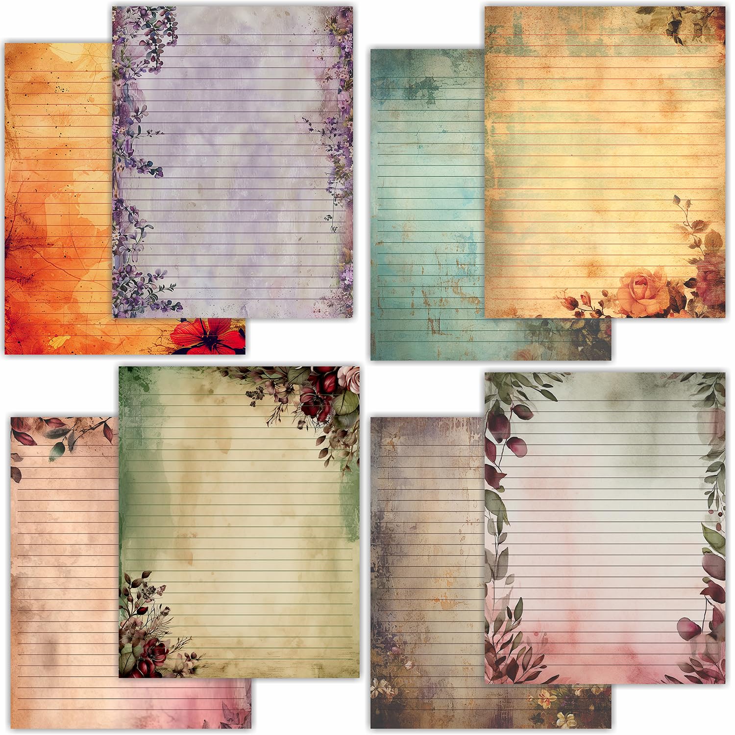 PARTH IMPEX 56 Sheets Vintage Lined Writing Paper 8.5x11 - Letter Size Ruled Stationery Rustic Old Looking Letterhead Printer Paper - 120gsm Thick Decorative Colored Antique Aged Foliage Design