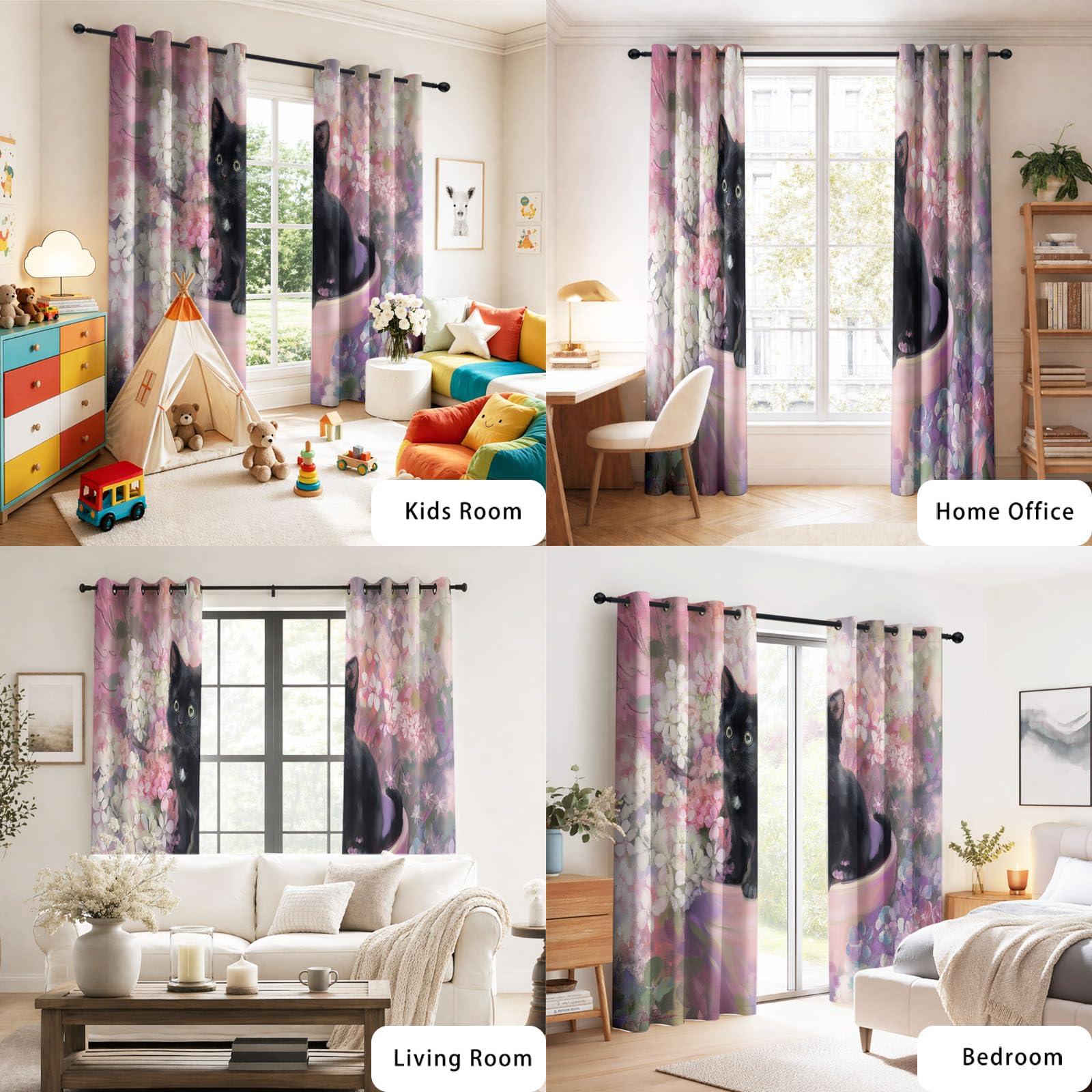 Generisch Cortinas térmicas para sala de estar, cortinas opacas japonesas lindas con ojales, diseño de gato y flores, cortinas opacas con aislamiento térmico para dormitorio, 215 x 140 cm (alto x