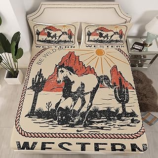 Erosebridal Western Bed Sheets Twin Horse Fitted Sheet for Cowboy Cowgirl Wild West Journey Desert Adventure Sheets America Western Mountain Sun Cactus Rope Bedroom Decor Brown Red Bed Set