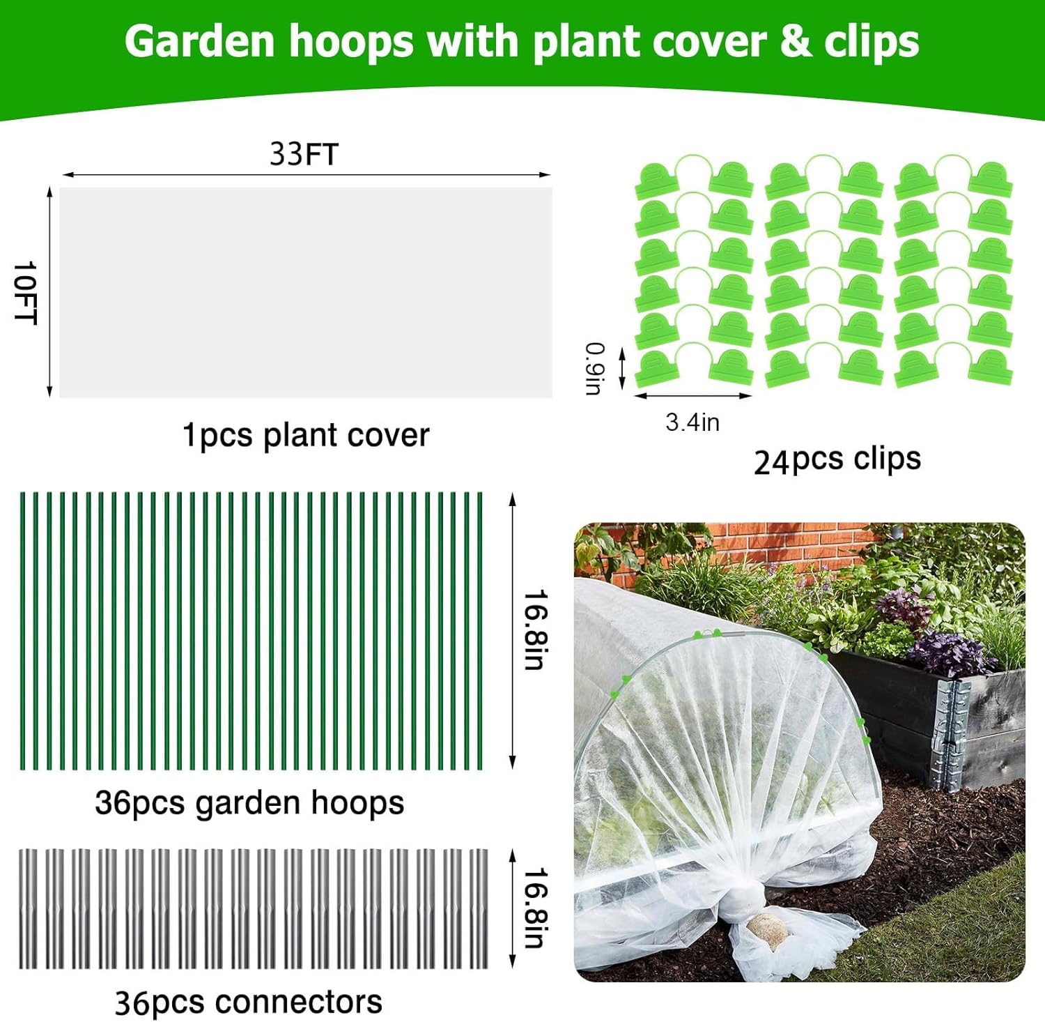 Plant Cover Freeze Protection 10x33ft Garden Hoops Kit for Winter, Fabric Floating Row Cover Frost Cloth Outdoor Plant Blanket for Frost Snow Protection, Greenhouse Garden Tunnel Hoops for Raised Beds - Image 2