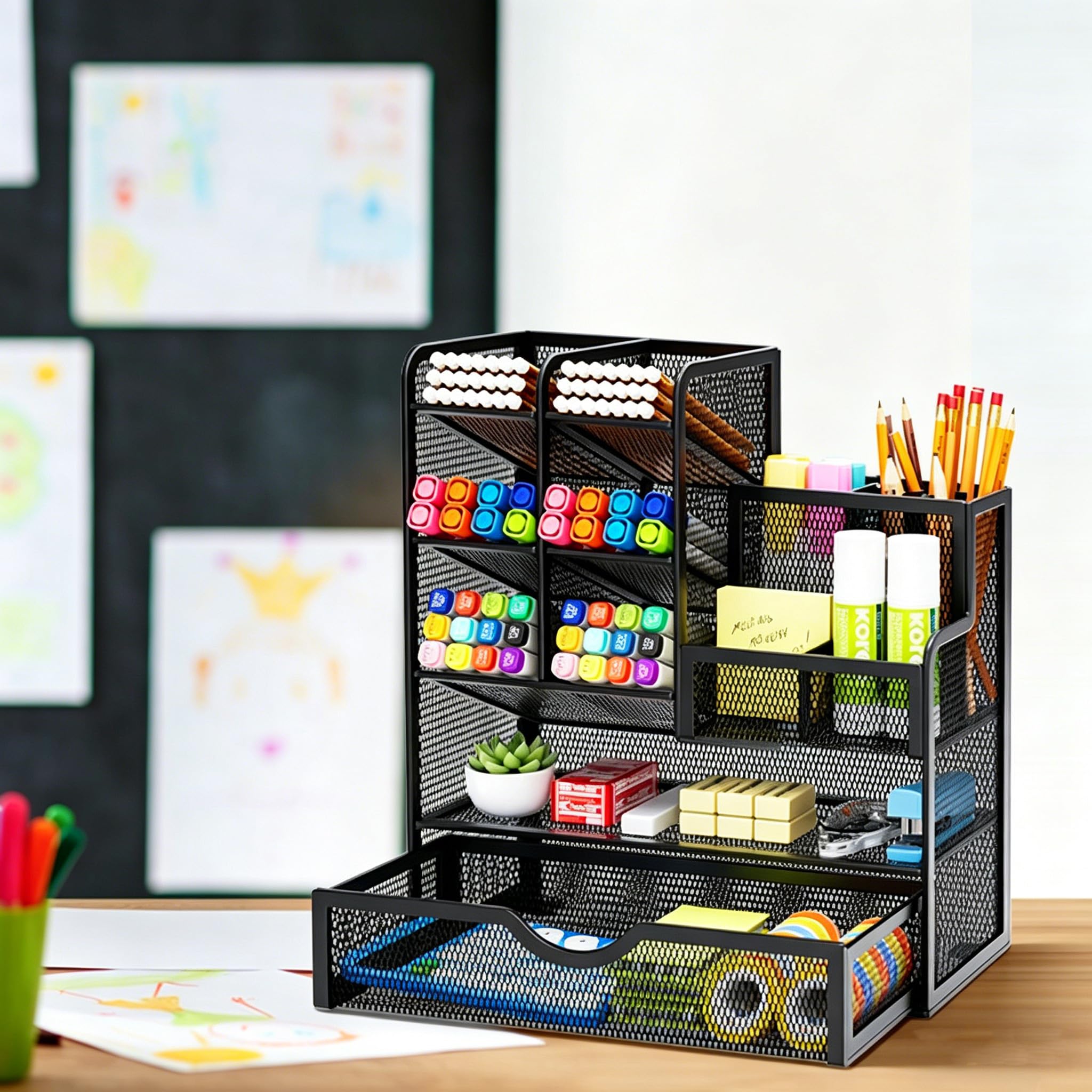 Marbrasse Organiseur de Bureau en Maille,Organiseur de Papeterie,Porte Stylos Multifonctionnel,Rangement de Bureau et Tiroir en Domicile(Noir)