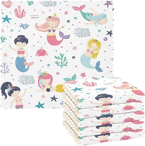 Cute Kawaii Mermaids Soft Print Microfiber Towels for Kitchen Quick Dry Set of 6 Flour Sack Kitchen Towels for Countertop Coffee