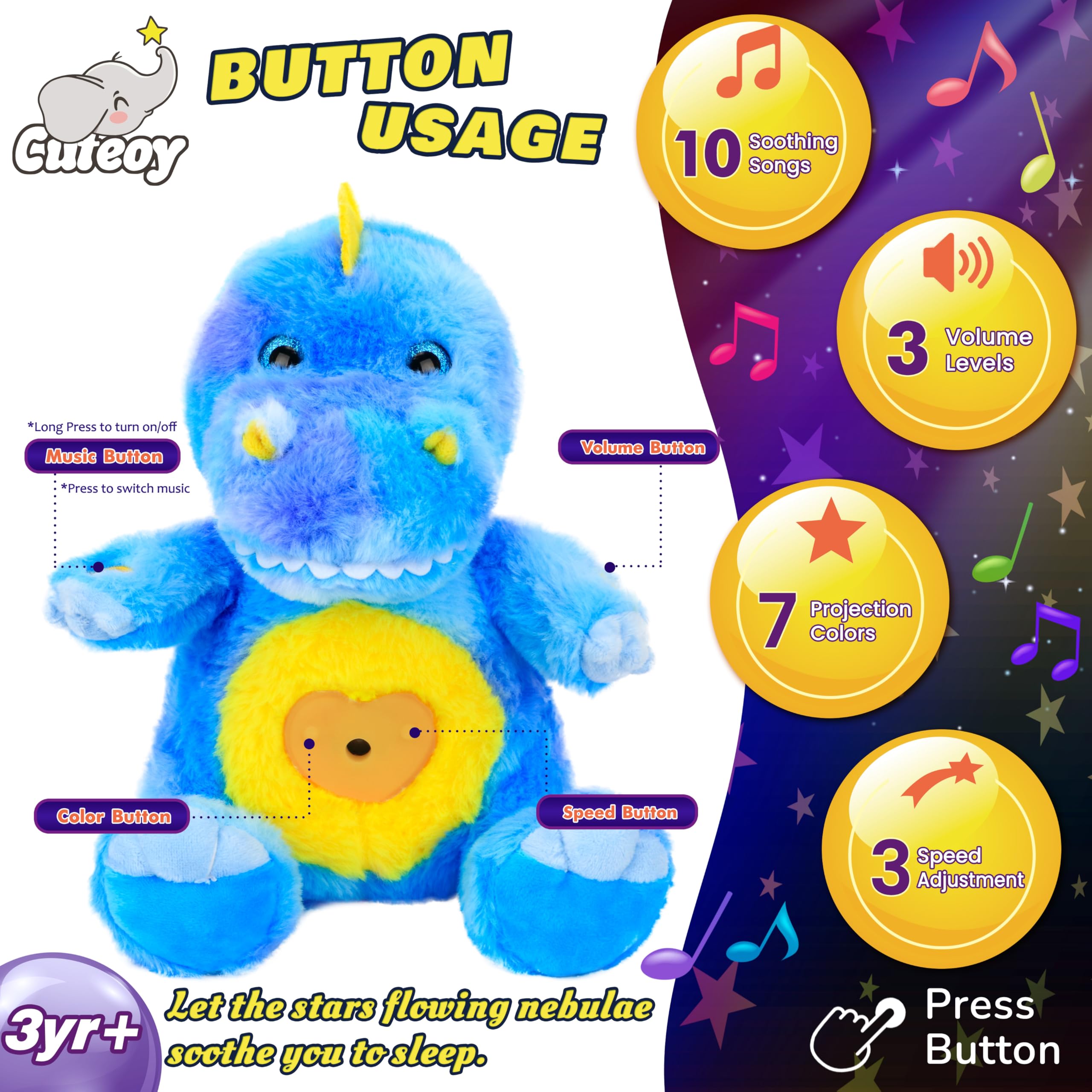 Projecteur d'étoile dinosaure en peluche musical réglable chantant veilleuse animaux lumineux kawaii jouets cadeaux pour enfants
