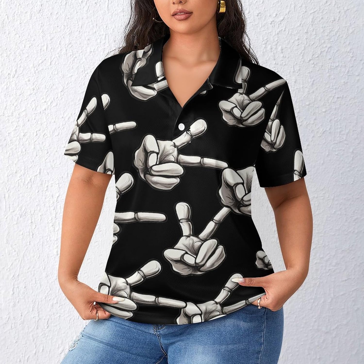 Halloween Skeleton Hand Peace Womens Golf Polo Shirts Summer Short Sleeve Collared 3 Buttons T Shirt Activewear Tops