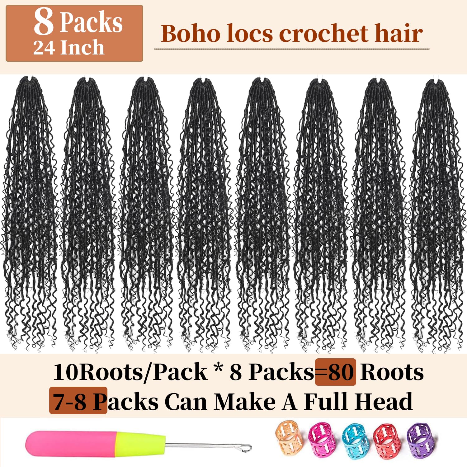 FALEMEI Boho Locs Crochet Hair 24 Inch Goddess Braids Crochet Hair for Black Women 8 Packs Boho Faux Locs With Curly Ends Pre Looped Bohemian(1B# - Image 4