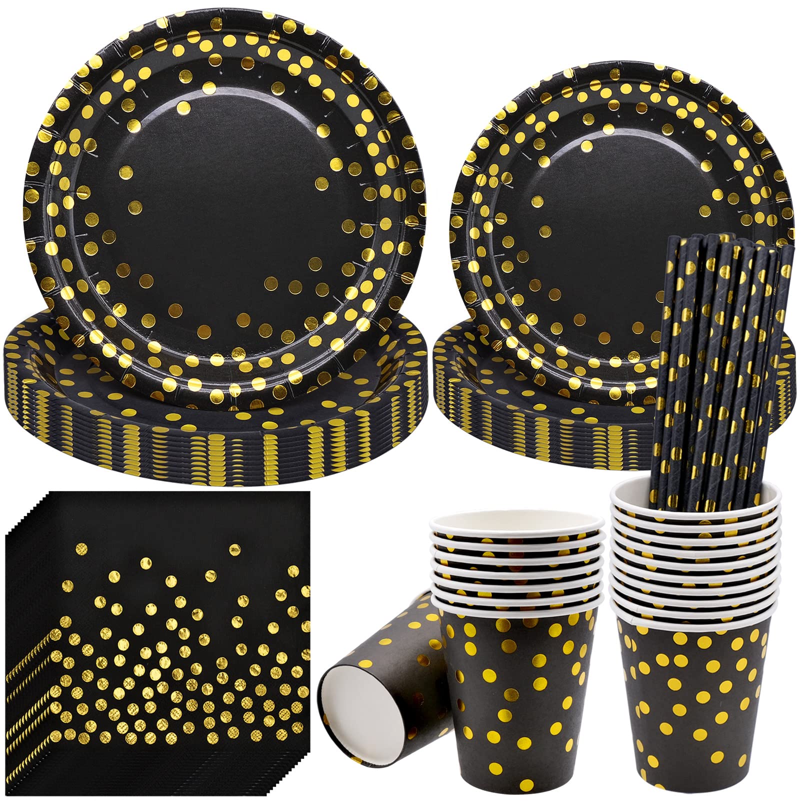 YHSWIN 80Pcs Paper Disposable Tableware, Party Tableware Set Paper Dinnerware Party Supplies, Black Gold Dot Pattern Adds a Different Atmosphere