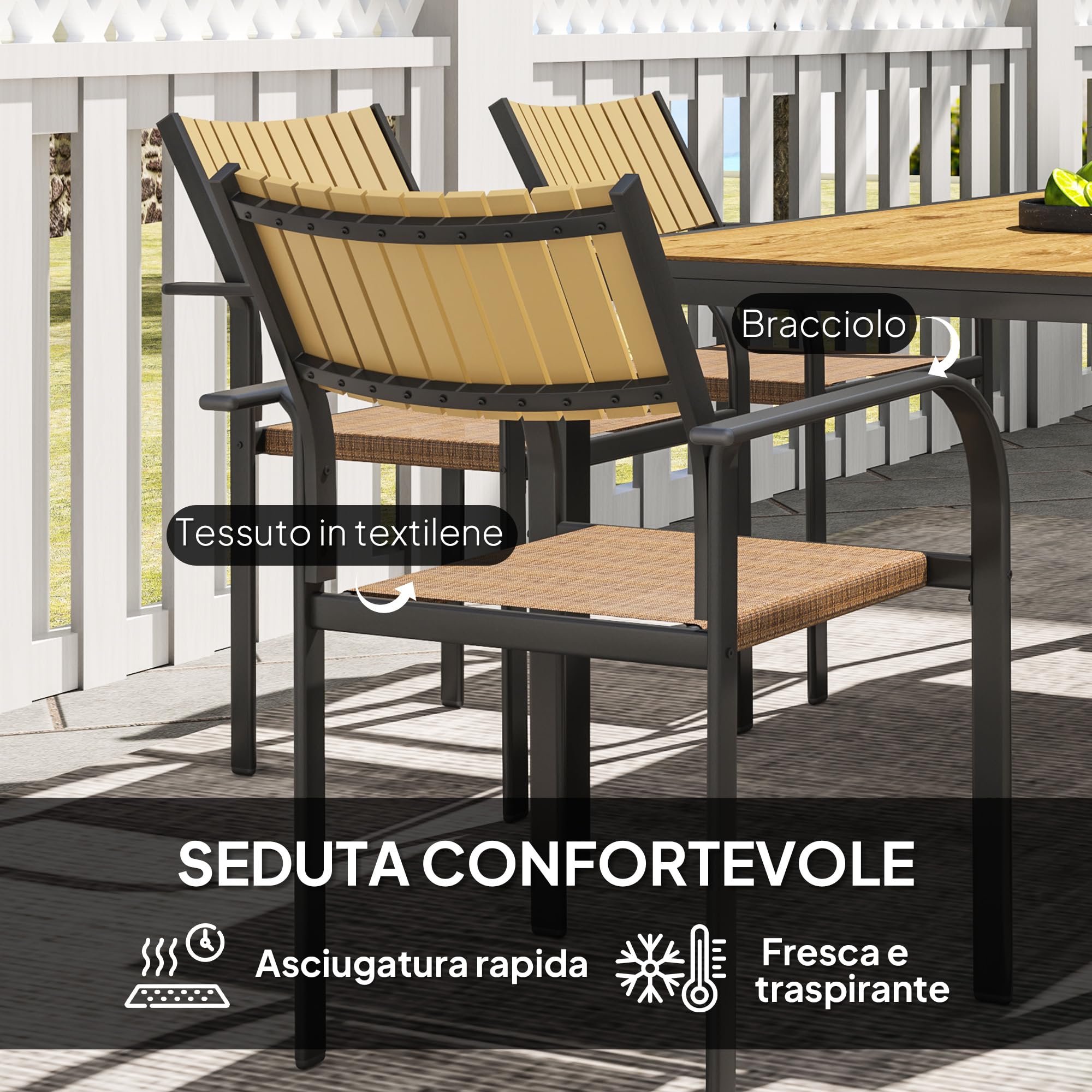 Outsunny Set Tavolo da Giardino Allungabile 7 Pezzi con Sedie Impilabili, Acciaio e Textilene, Marrone