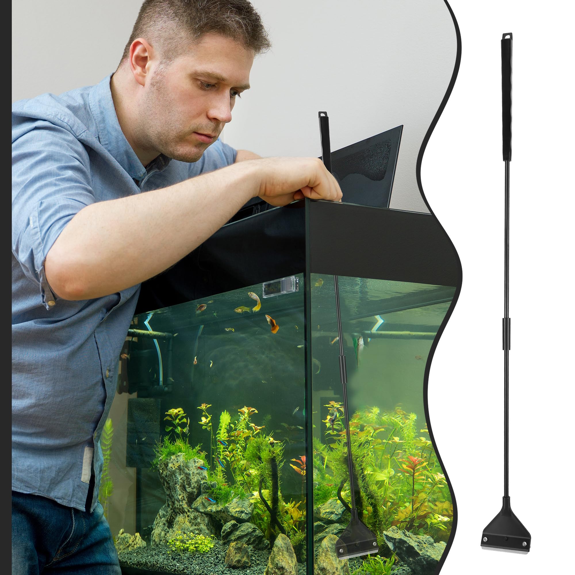 JSMTKJ Kit de Nettoyage pour Aquarium - Grattoir à Algues pour Aquarium avec Tige Amovible de 62 cm, 15 Lames de Rechange en Acier Inoxydable pour Nettoyer l'aquarium